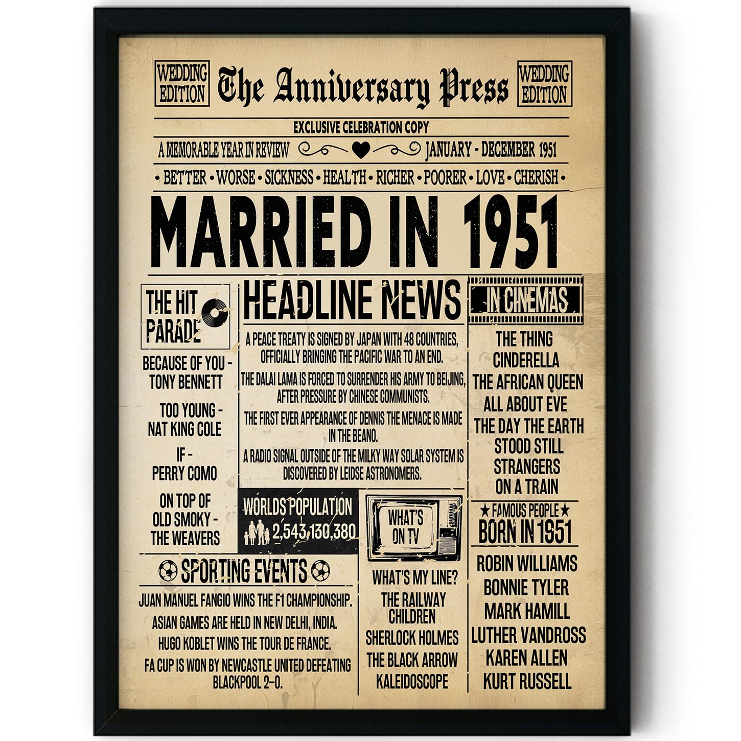 Stuff4 Men's 1951 75Th Anniversary Poster Framed - Married In Newspaper - 75 Wedding Anniversary For Wo Retro Vintage Gifts Back In 8X10 Inch Anniversaries Posters