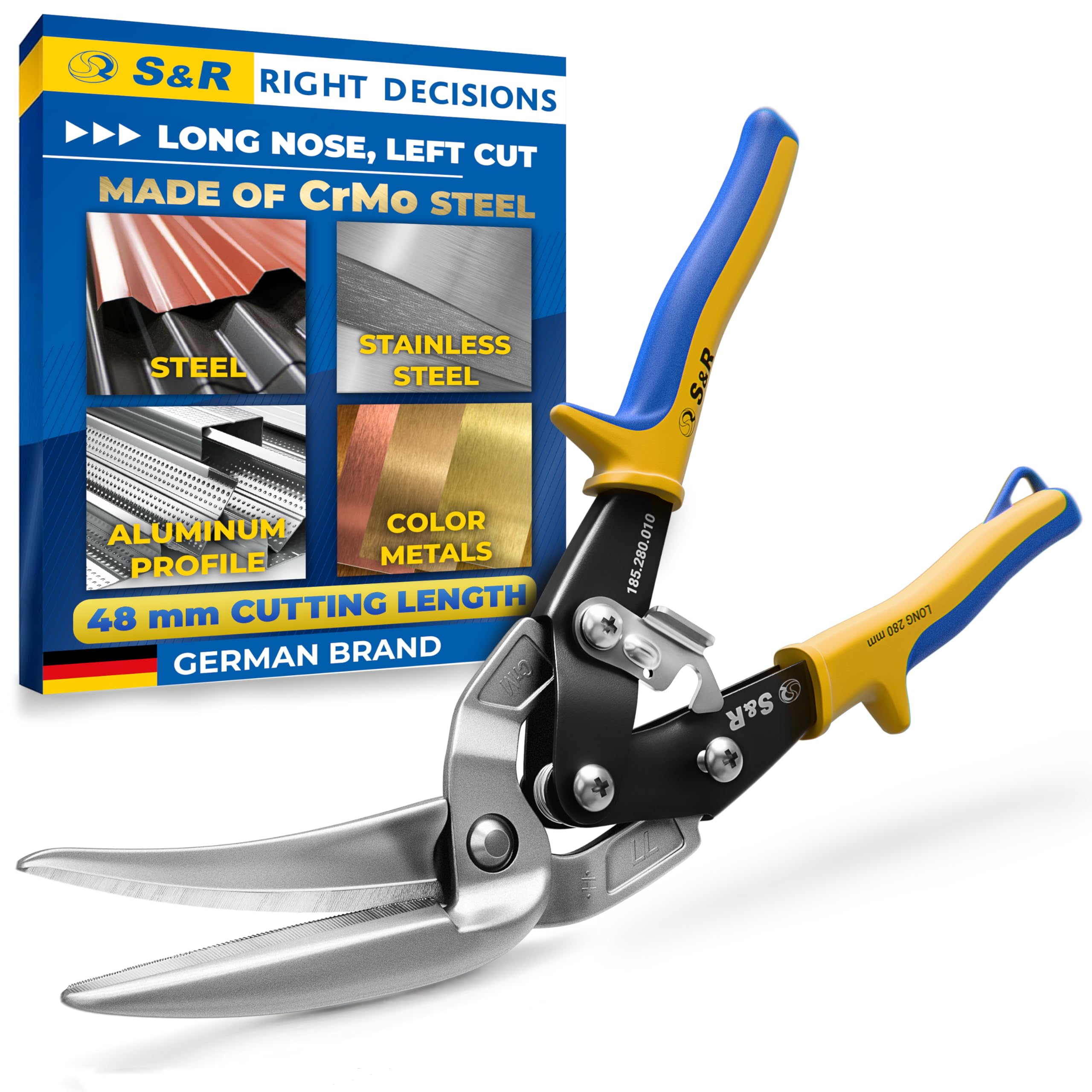 S&R Tin Snips Left Cut 280 mm – Continuous Sheet Metal Shears | Heavy-Duty CrMo Steel Blades, Induction Hardened 60–62 HRC | Ergonomic Non-Slip Handles, Safety Lock, 48 mm Cutting Capacity