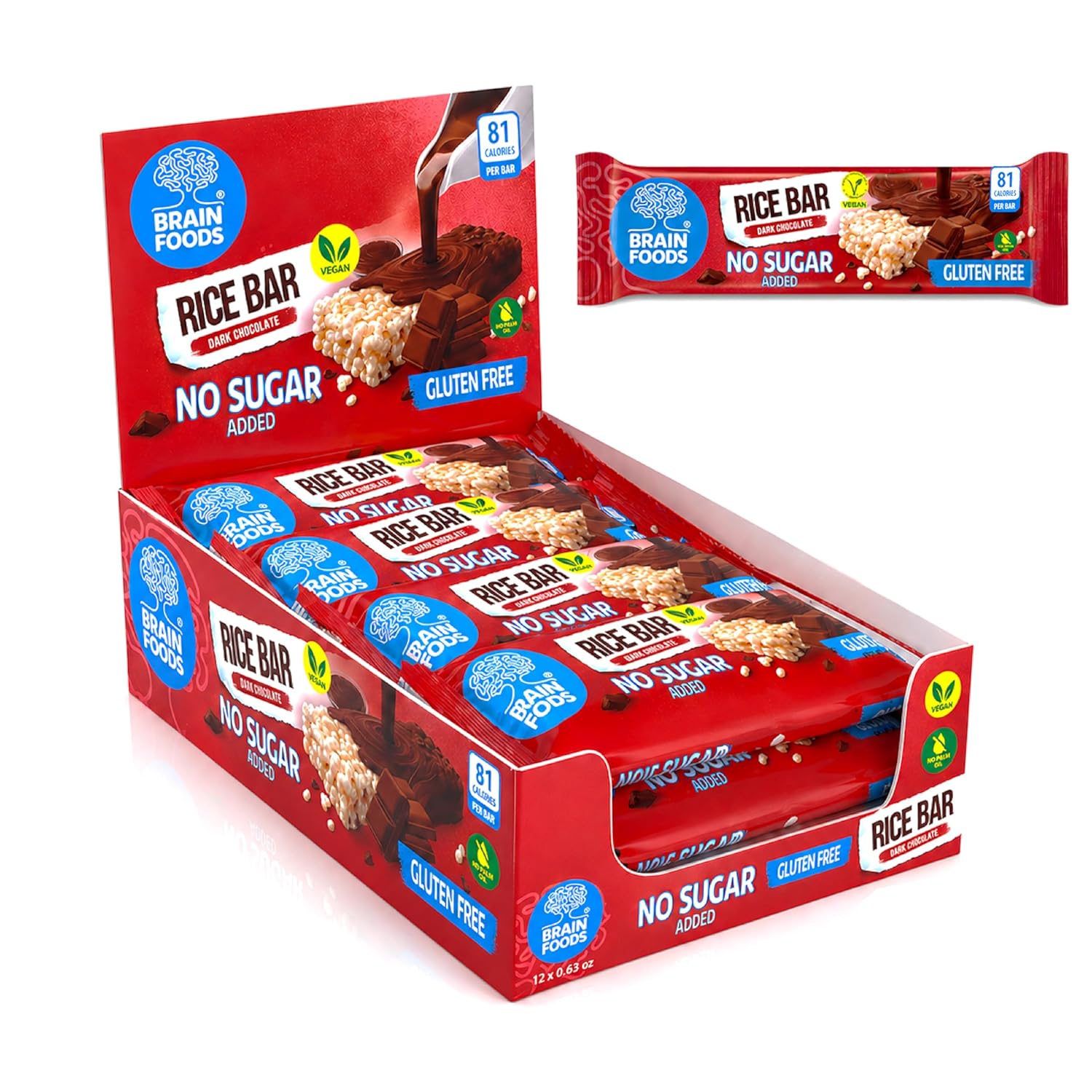 BRAIN FOODS Rice Bar - Gluten Free, Vegan, No Sugar Added, No Palm Oil, .63 oz, 81 Calories, (12, Banana & Dark Chocolate)