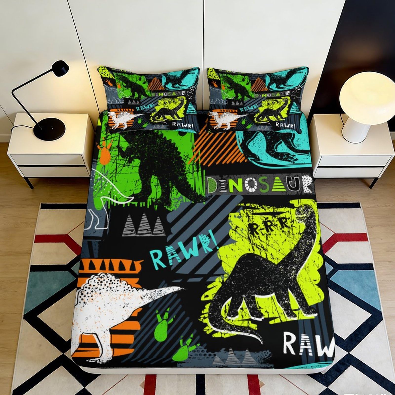 3D Printed Dinosaur Fitted Sheet, Microfiber Soft Touch, Colourful Bed Cover for Bedroom, Wrinkle Resistant, Apartment Bedding, Easy Care, Decorative, 100-120cm 90x200x25cm