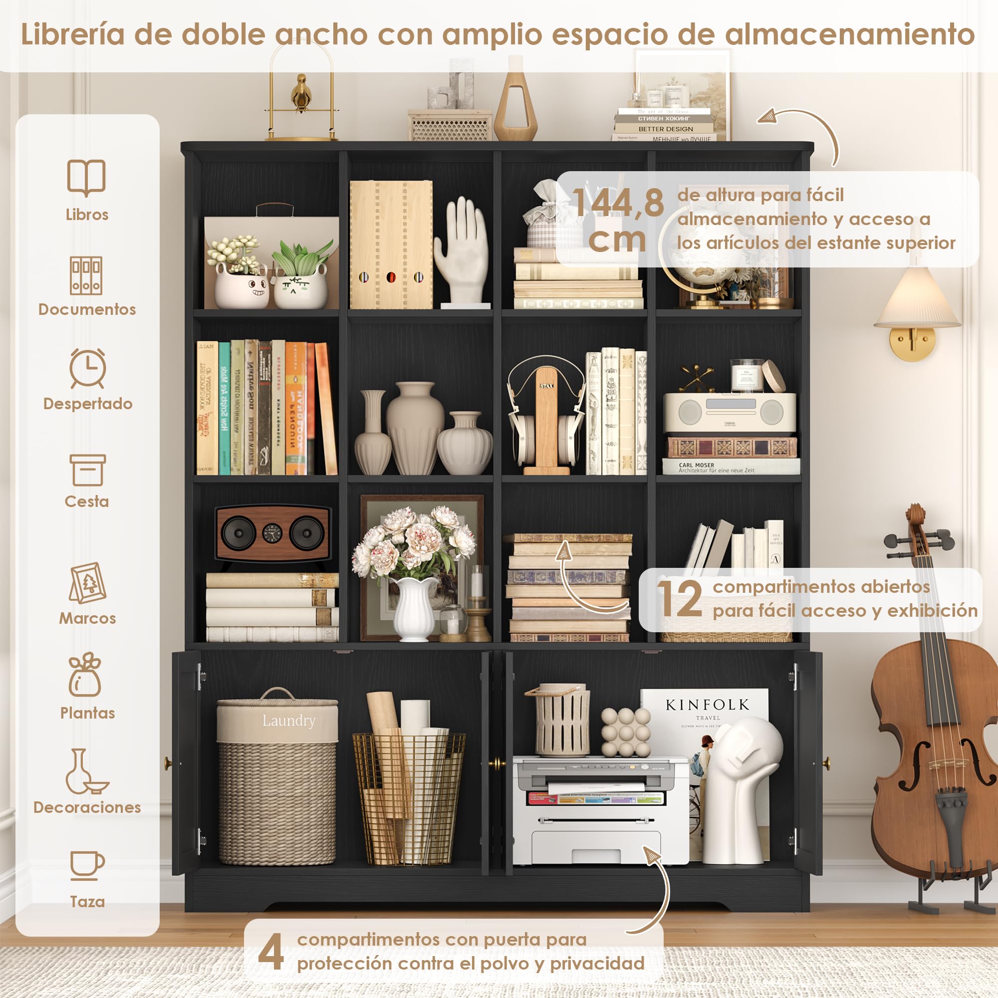 FirFurd 145cm Librería con 4 Puertas y 12 Compartimientos, Librería Salón | Estantería con Puertas, Estantería Libros, Estanterías Almacenaje, para Salón Estudio Oficina Dormitorio Negro 121x30x145cm