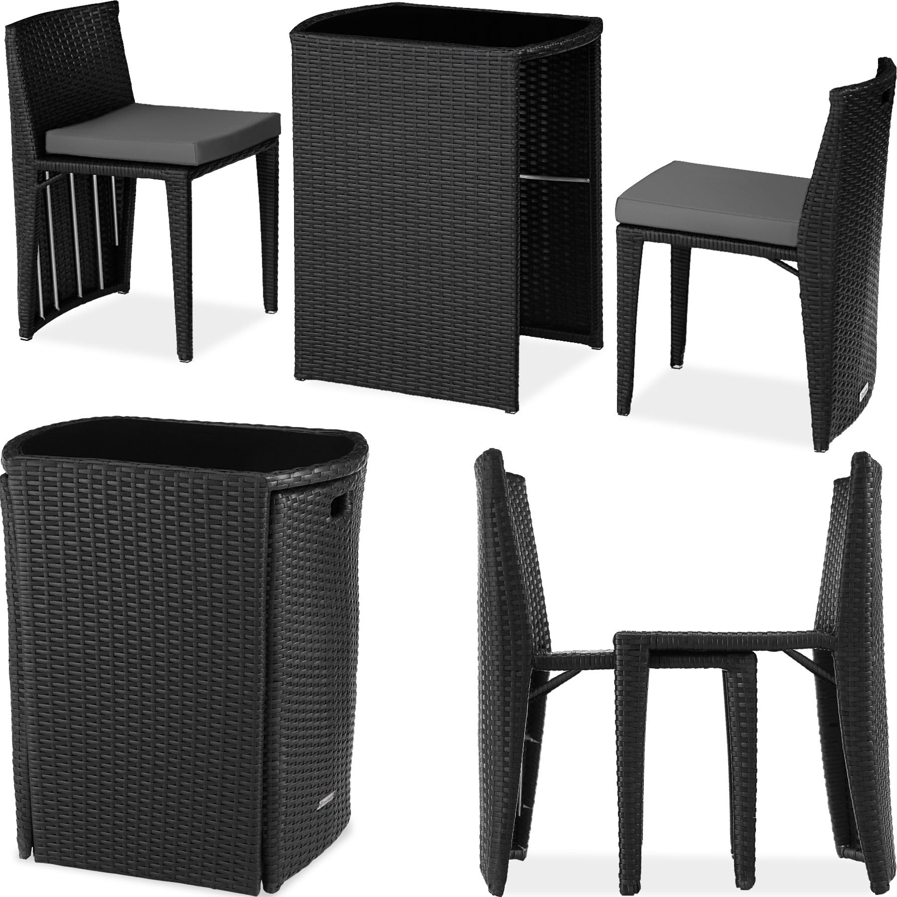 TecTake® Conjunto Jardín Exterior de Ratán y Acero, Muebles Jardín Exterior Resistente a la Intemperie, 2 Sillas con Cojines, Mesa Cristal, Agrupable, Fácil Montaje y Limpieza - Negro