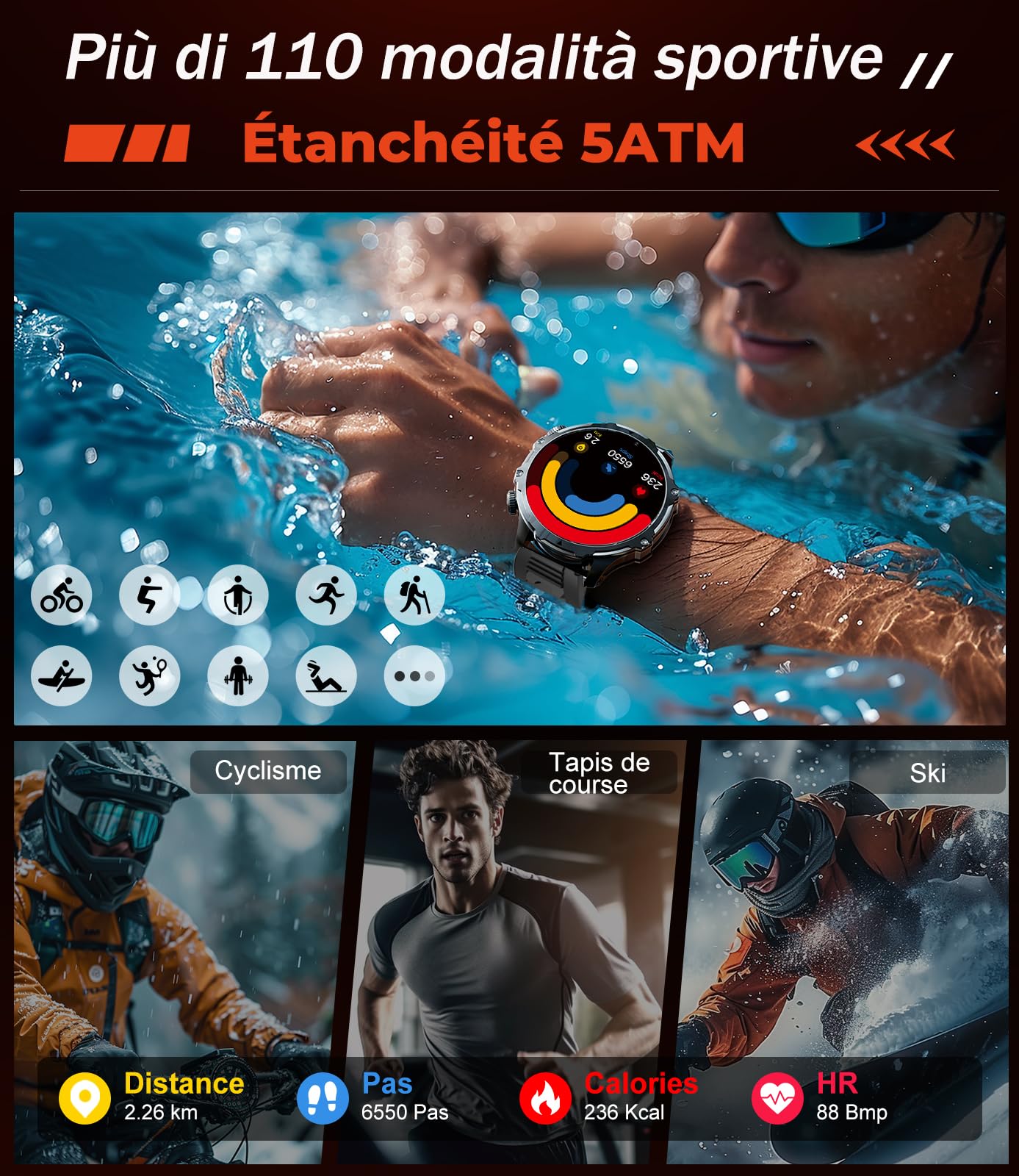 LIGE Montre Connectée Homme avec Écran HD de 1,85'' et Torche LED,800mAh,Smartwatch Homme avec Appel Bluetooth IP68 Étanche 110+ Sportifs 24H Fréquence Cardiaque pour iOS Android,FV15-F
