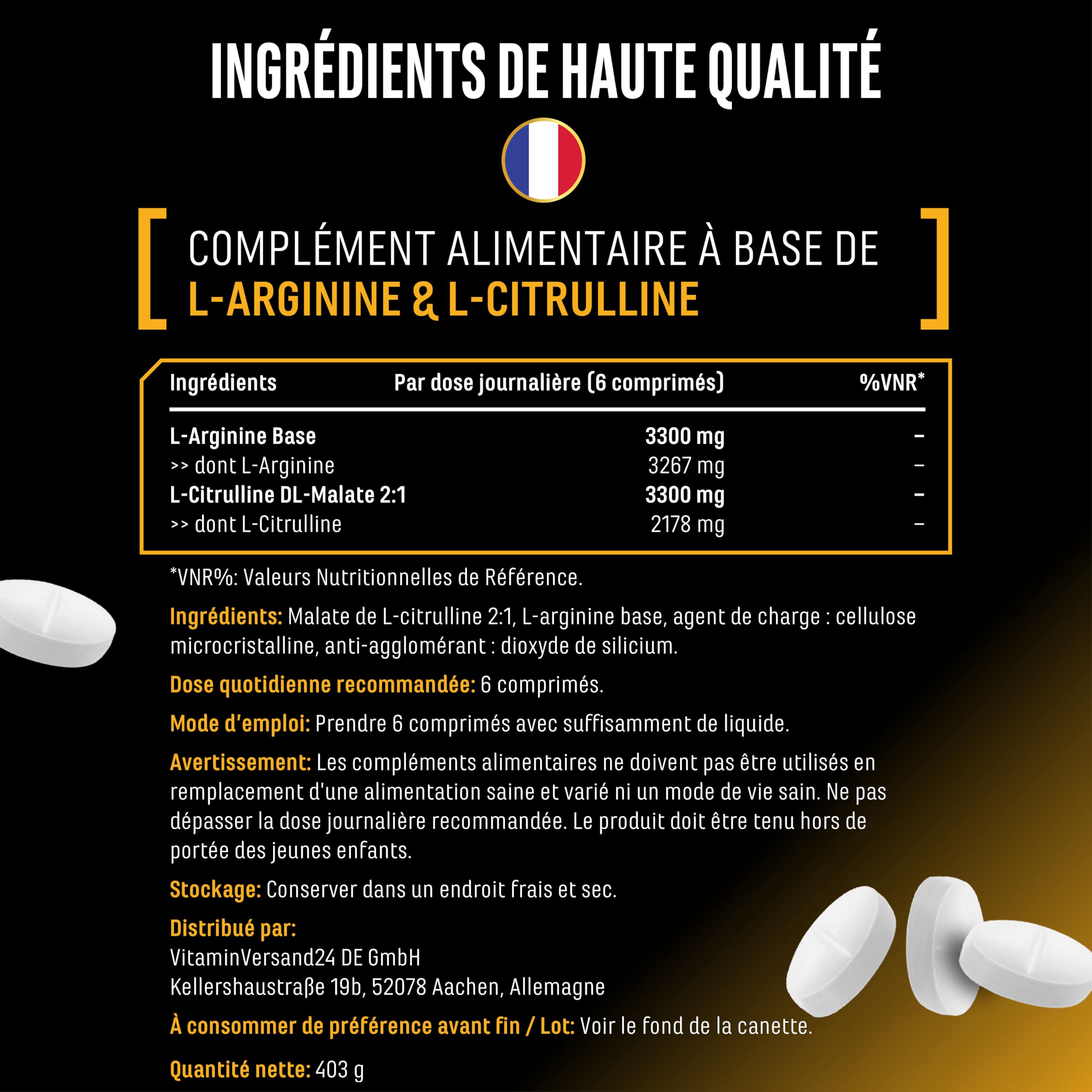 L-arginine + L-citrulline Ultra comprimés - 300 comprimés avec 1100 mg - Association à haute dose de L-arginine base et L-citrulline malate 2:1 - Végan