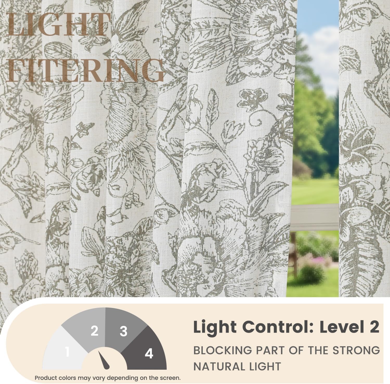 Farmhouse Linen Blend Curtains 84 Inch Long Vintage Plants Floral Window Drapes Bedroom Living Room Curtains 2 Panels, Vintage Green