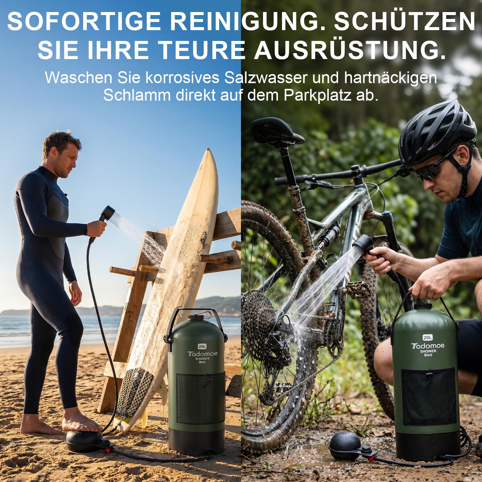 20 Liter Camping Dusche mit Fußluftpumpe, Solardusche mit Camping-Tasche Und Düse für Camping Strand Wandern Reise