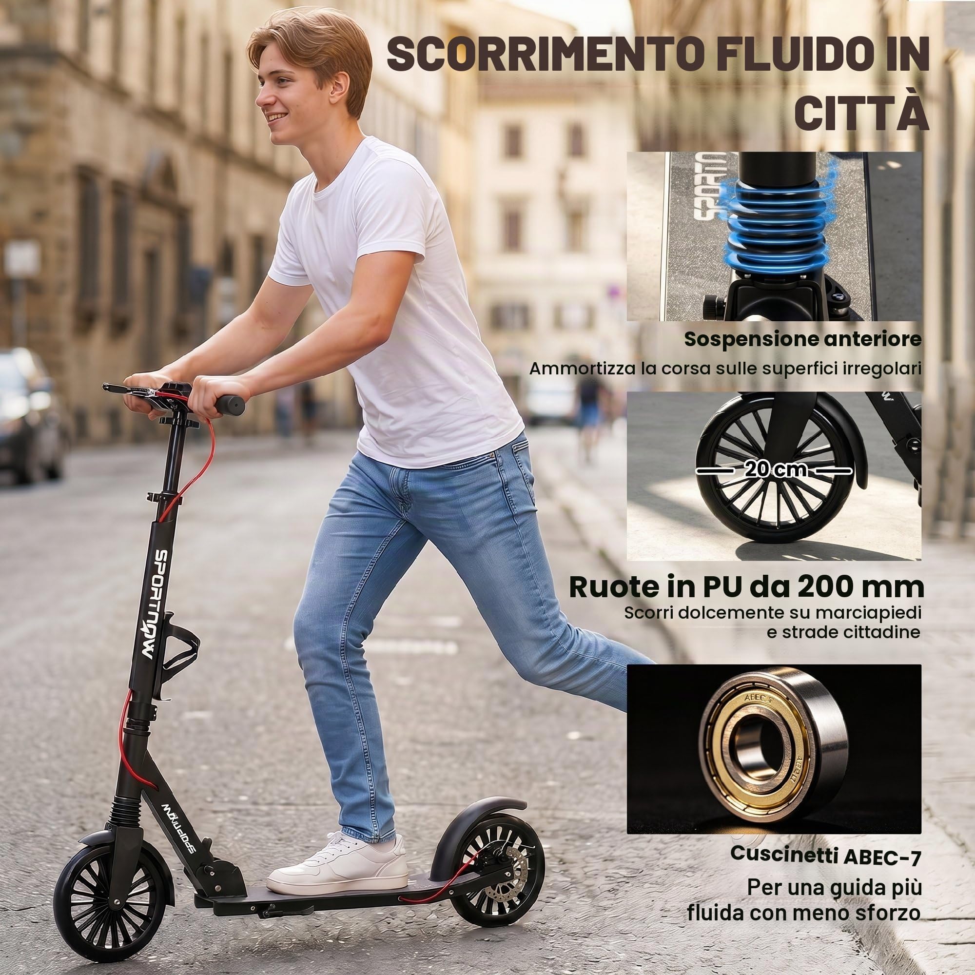SPORTNOW Monopattino da città in alluminio, regolabile in altezza e pieghevole, con ruote in poliuretano da 200 mm, cuscinetti a sfera ABEC-7, doppio sistema frenante, portabicchieri, fino a 100 kg