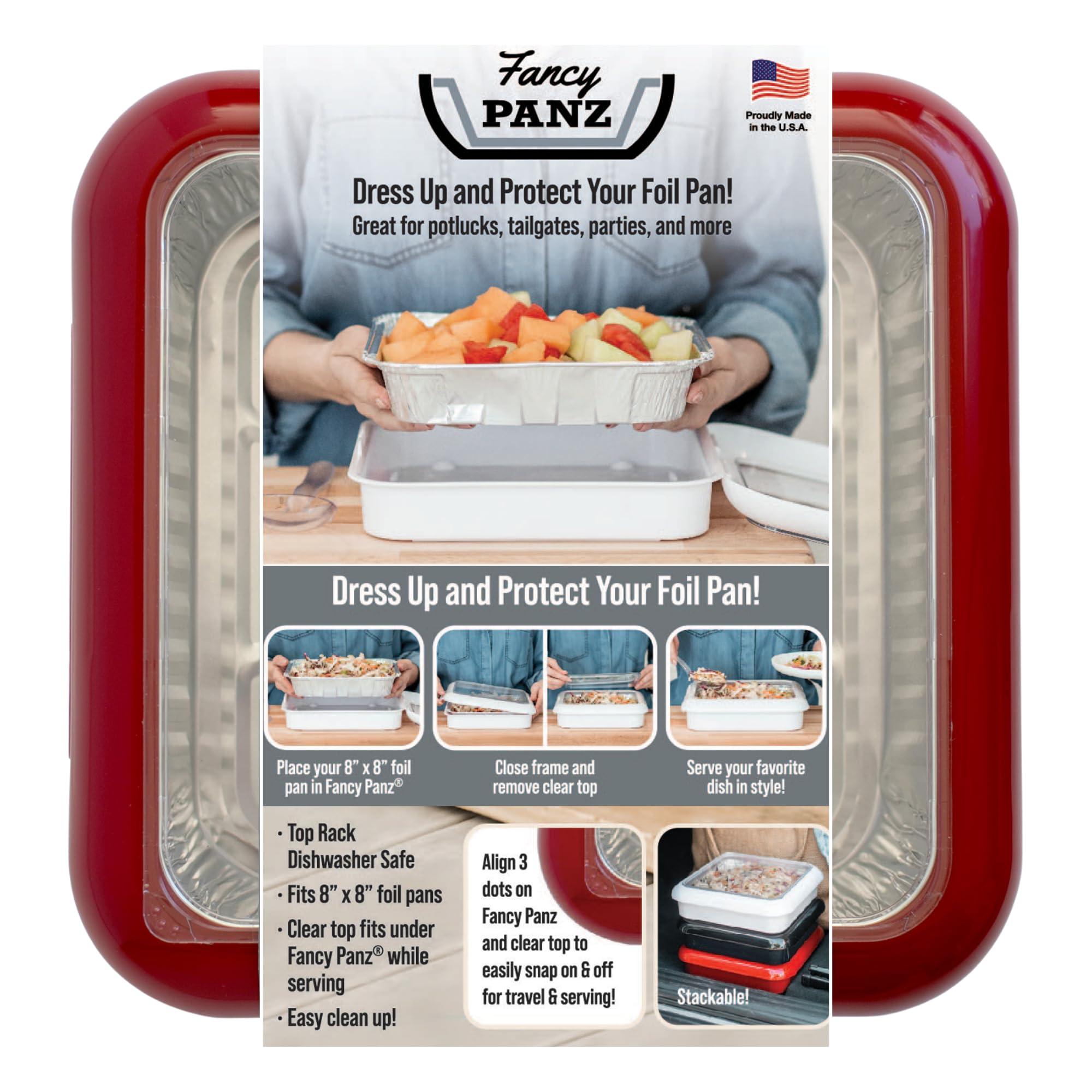 Fancy Panz - Red 8x8" Aluminum Foil Pan Carrier with Lid - Elevated Food Serving Tray - Portable & Insulated Casserole Carrier with Lid - Made in the USA Hosting Essentials