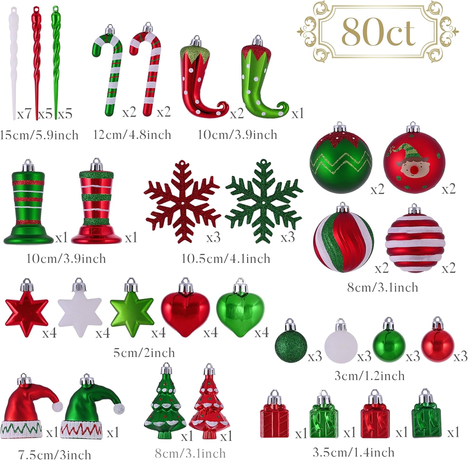 Valery Madelyn Christmas Ball Ornaments Set, 80ct Elf Red Green White Shatterproof Christmas Tree Decorations, Variety Decorative Hanging Ornaments for Xmas Trees Bulk Holiday Party Decor