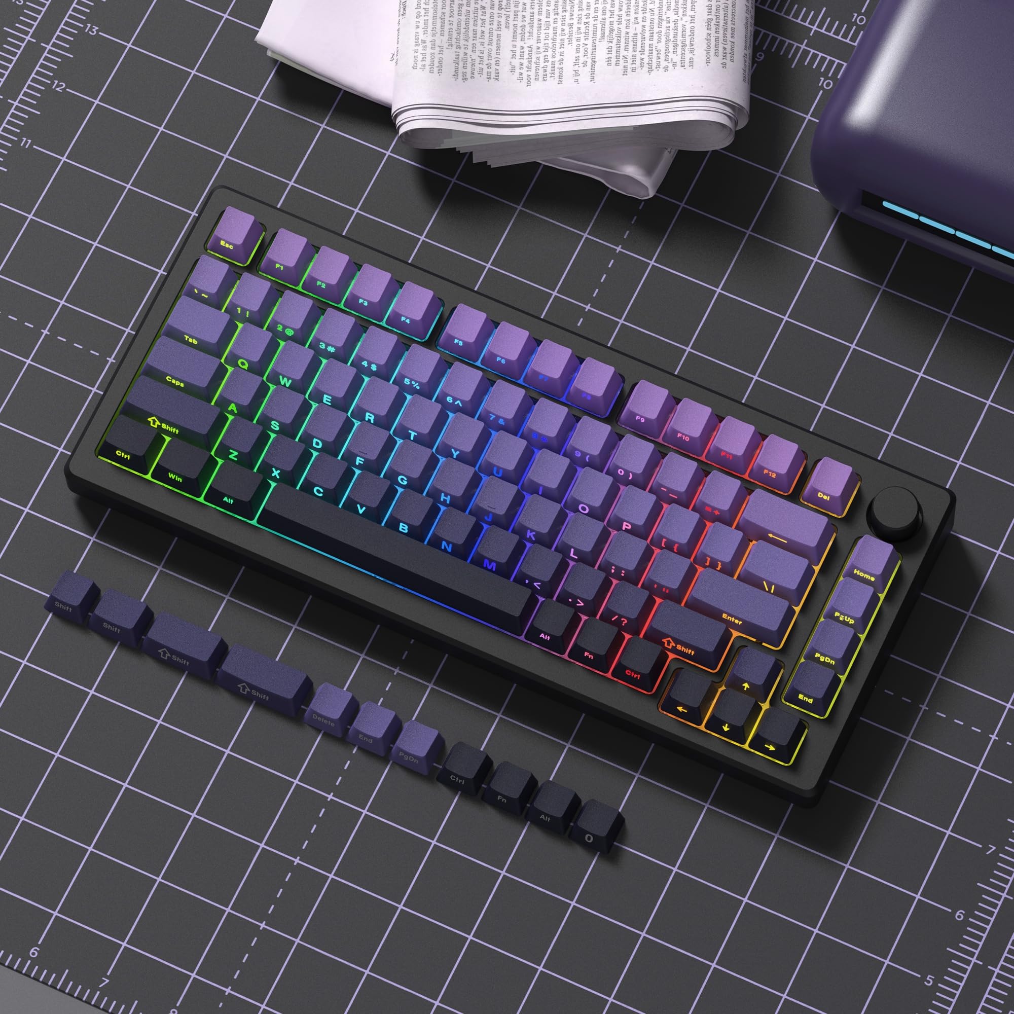 dagaladoo Lot de 136 Touches Violettes dégradées - PBT - Double Shot - Profil Cerise - Gravure latérale - Rétro Minimaliste - pour claviers de Jeu mécaniques (Touches Uniquement)