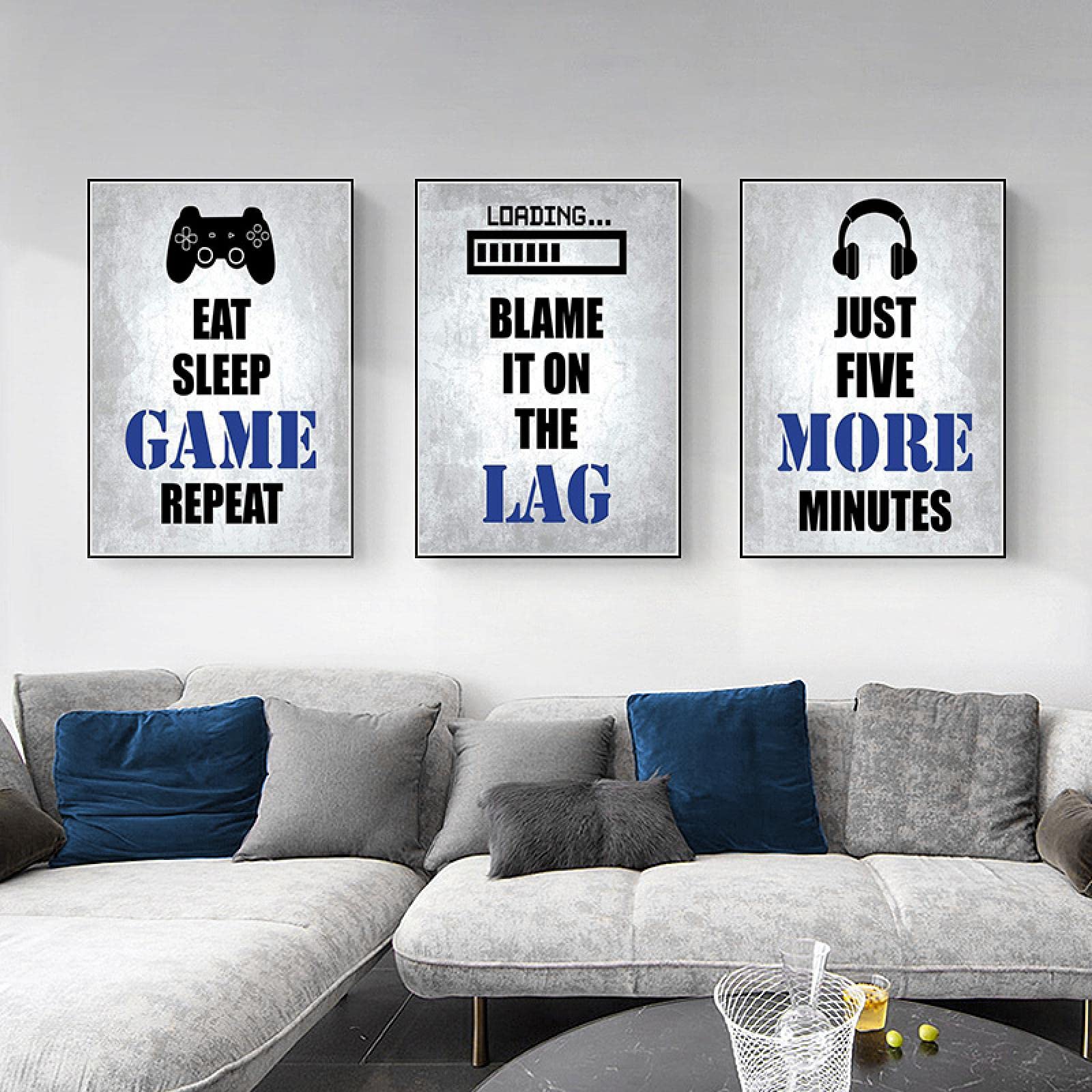 dsdsgog Videogioco a tema Gamer Wall Art Canvas Poster Home Decor Nero Bianco Blu Immagini di gioco Teen Room Decor 60x90cmx3 Frameless