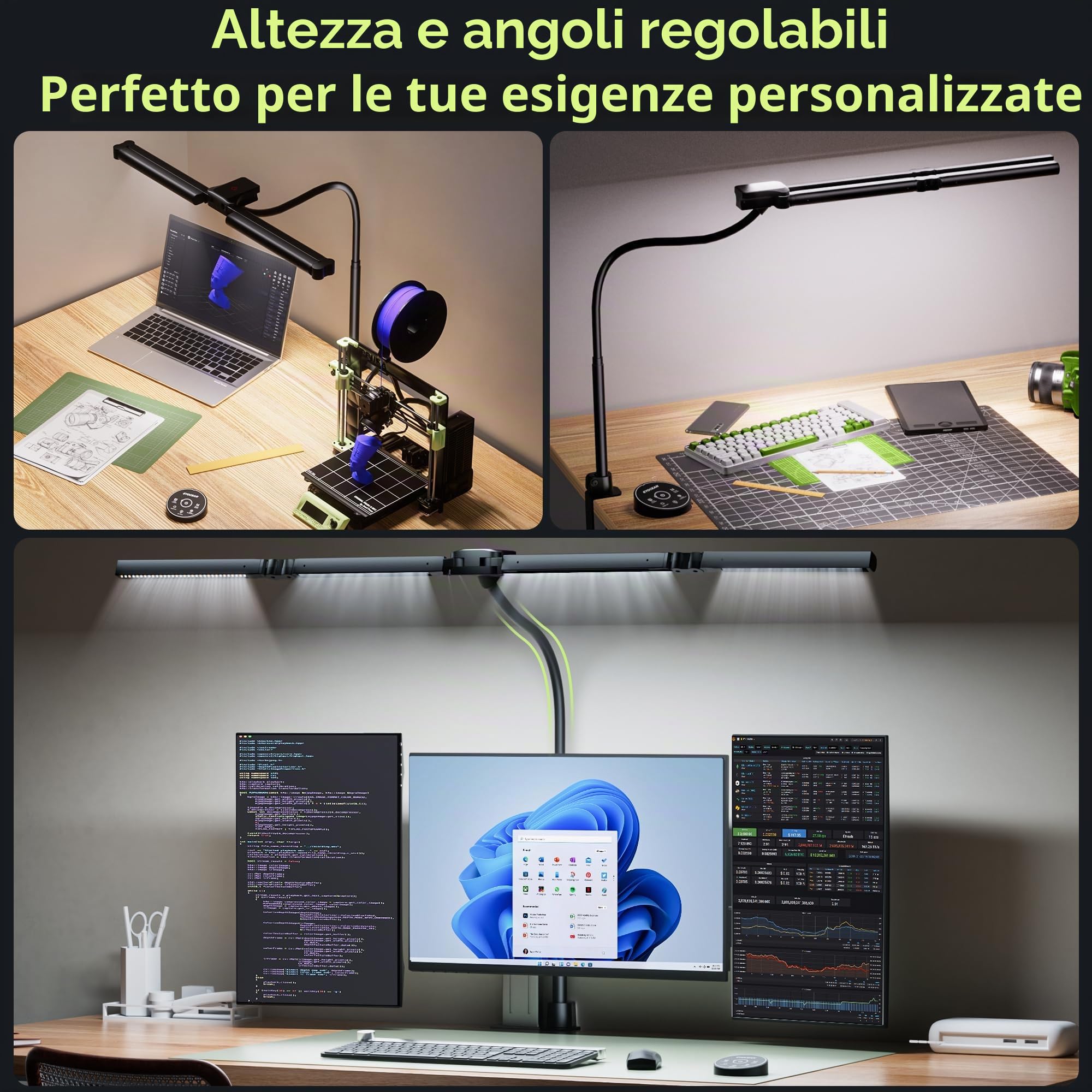 EYOCEAN, lampada da scrivania a 4 sorgenti luminose, 24 W, 100 cm, luce diurna con telecomando, lampada per display dimmerabile, lampada da scrivania a collo di cigno, lampada per ord