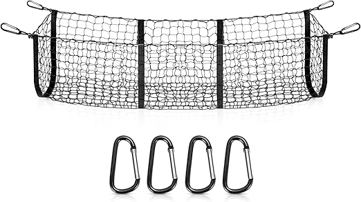 MICTUNING 3 Pocket Trunk Cargo Organizer Storage Net - Heavy Duty Cargo Net for Car, SUV, Pickup Truck Bed - Black Mesh with Free 4 Metal Carabiners