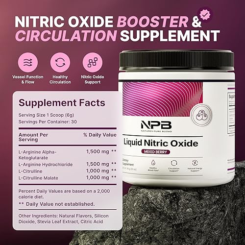Miniatura 4 de Nature's Pure Blend Suplementos de óxido nítrico líquido para hombres – L-Arginina en polvo – refuerzo de óxido nítrico y suplemento de circulación