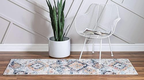 Miniatura 3 de Unique Loom Morocco Collection Medallion, alfombra abstracta (2 pies 7 pulgadas x 10 pies 0 pies, color marfilazul)