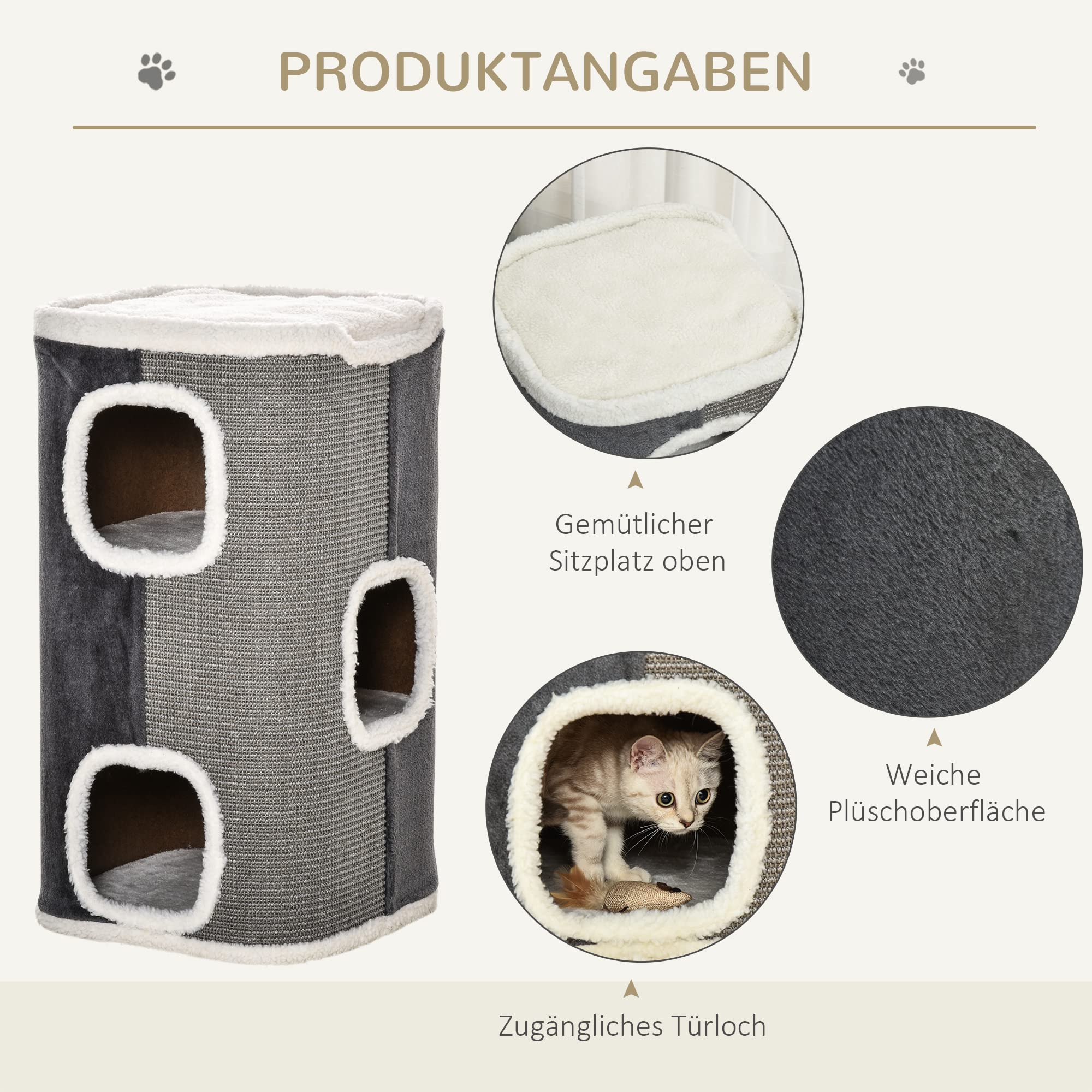 PawHut Kratztonne 74 cm Hoch dreistöckige Katzentonne mit Kissen, Plüschrand, Katzenhöhle, Kratzbaum für kleine Katzen, Grau+Weiß