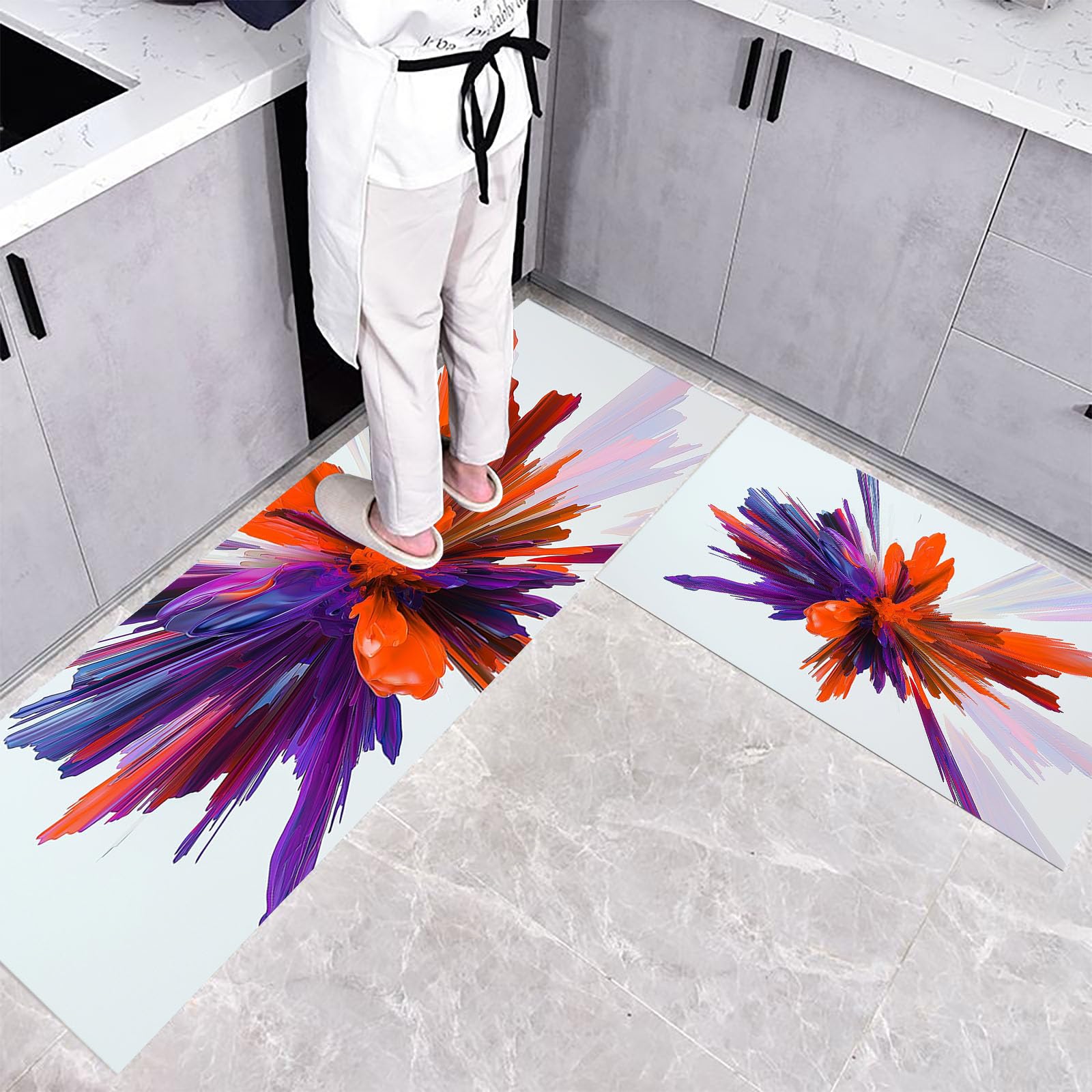 Tapis de cuisine design fleur orange violet pour sublimer votre couloir