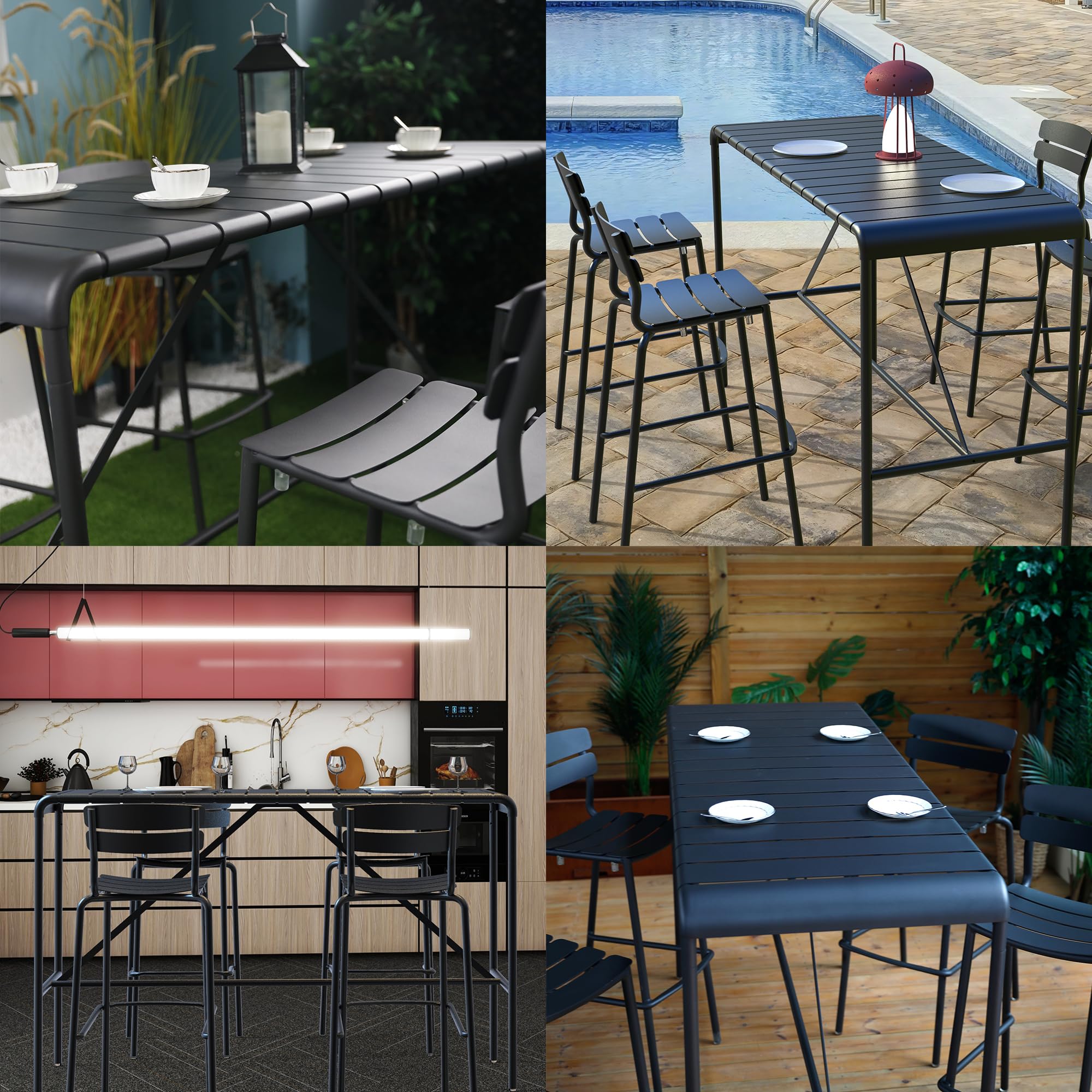 Set da tavolo e sgabello, in alluminio, per interni ed esterni, per cucina, soggiorno, ufficio, bar (1, 2 sgabelli da bar (48,8 x 58,9 x 104,5 cm)