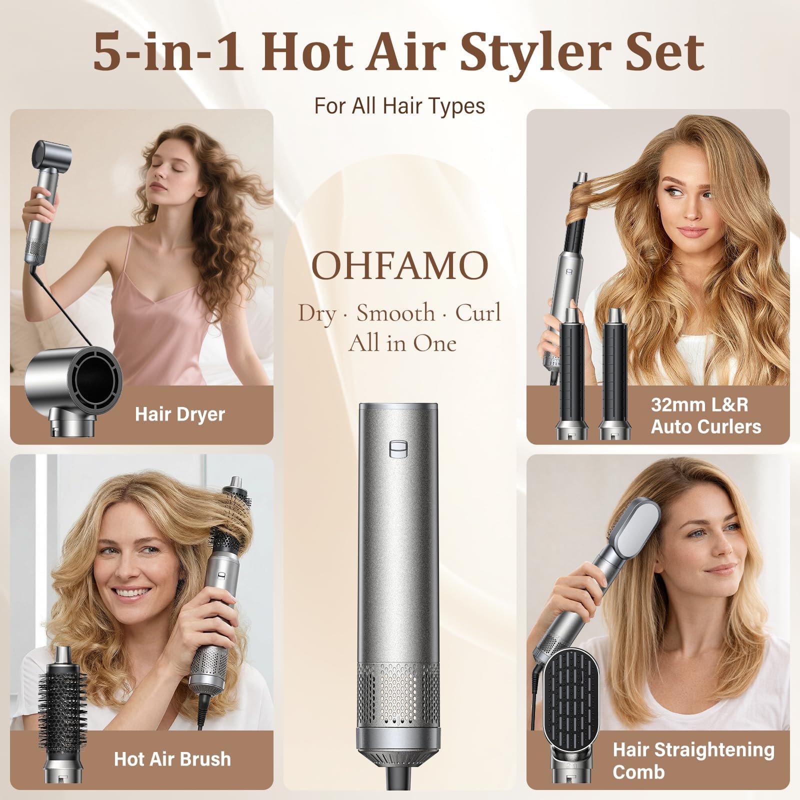 Styler per capelli 5 in 1, asciugacapelli agli ioni, multiuso, spazzola ad aria calda professionale, ferro arricciacapelli automatico, piastra per capelli, per styling, volumizzazione, arricciatura