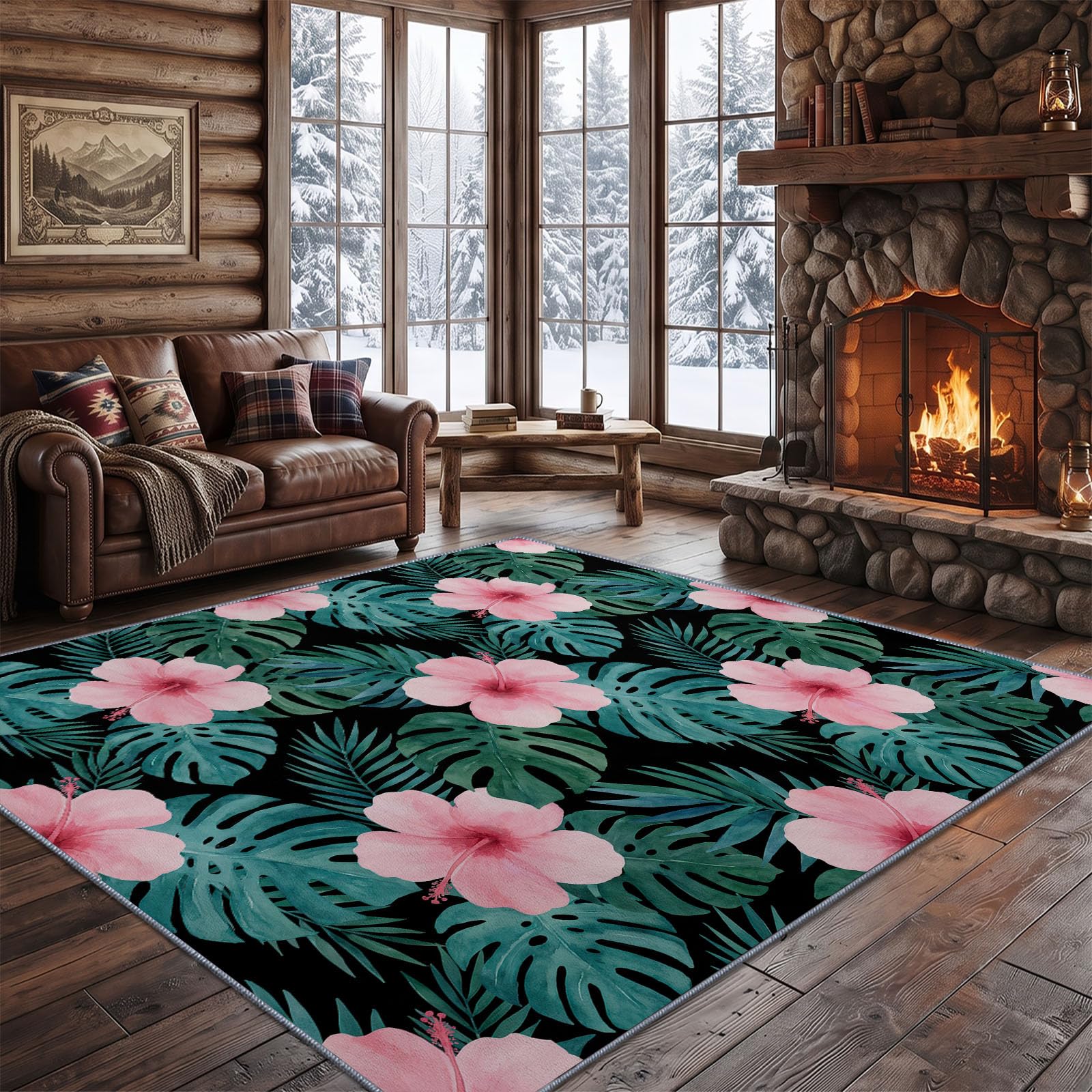 Tapis Lavable Machine Salon 80 x 150 cm, Antidérapant Sol Fleurs Tropicales Poil Bas Doux Feuilles Vertes Tropicales Hibiscus Motif Chambre Cuisine Entrée Salle Détente Décoration Maison, Noir