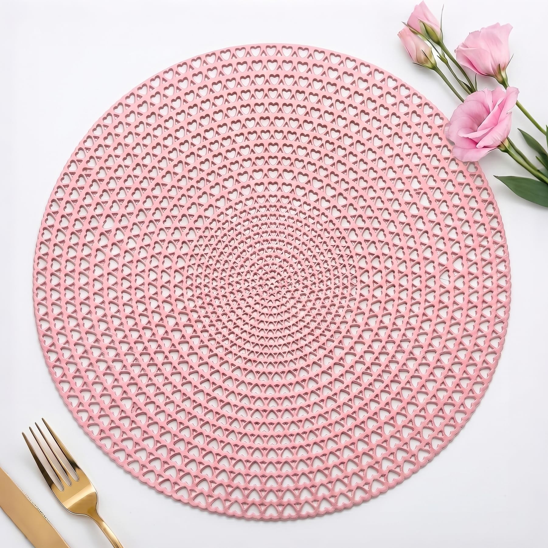 FAVE Set of 4 Pink Round Placemats, Heart Shaped Hollow Out Design