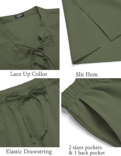 Miniatura 5 de COOFANDY Conjunto de 2 piezas de lino para hombre, camisas Henley de manga larga, pantalones casuales de playa con bolsillos, trajes de yoga de