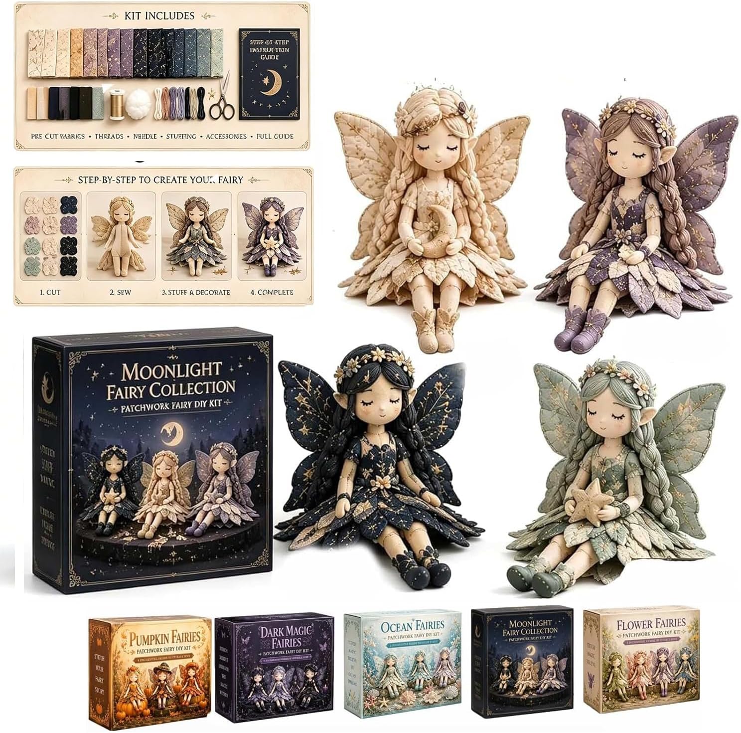 Fairy Patchwork DIY Collection, Fun Flower Fairies Patchwork Sewing Kit, Fabric Full Supplies DIY Craft Set for Beginner Crafters, Home Decor Unique Handmade Gift (Set D)