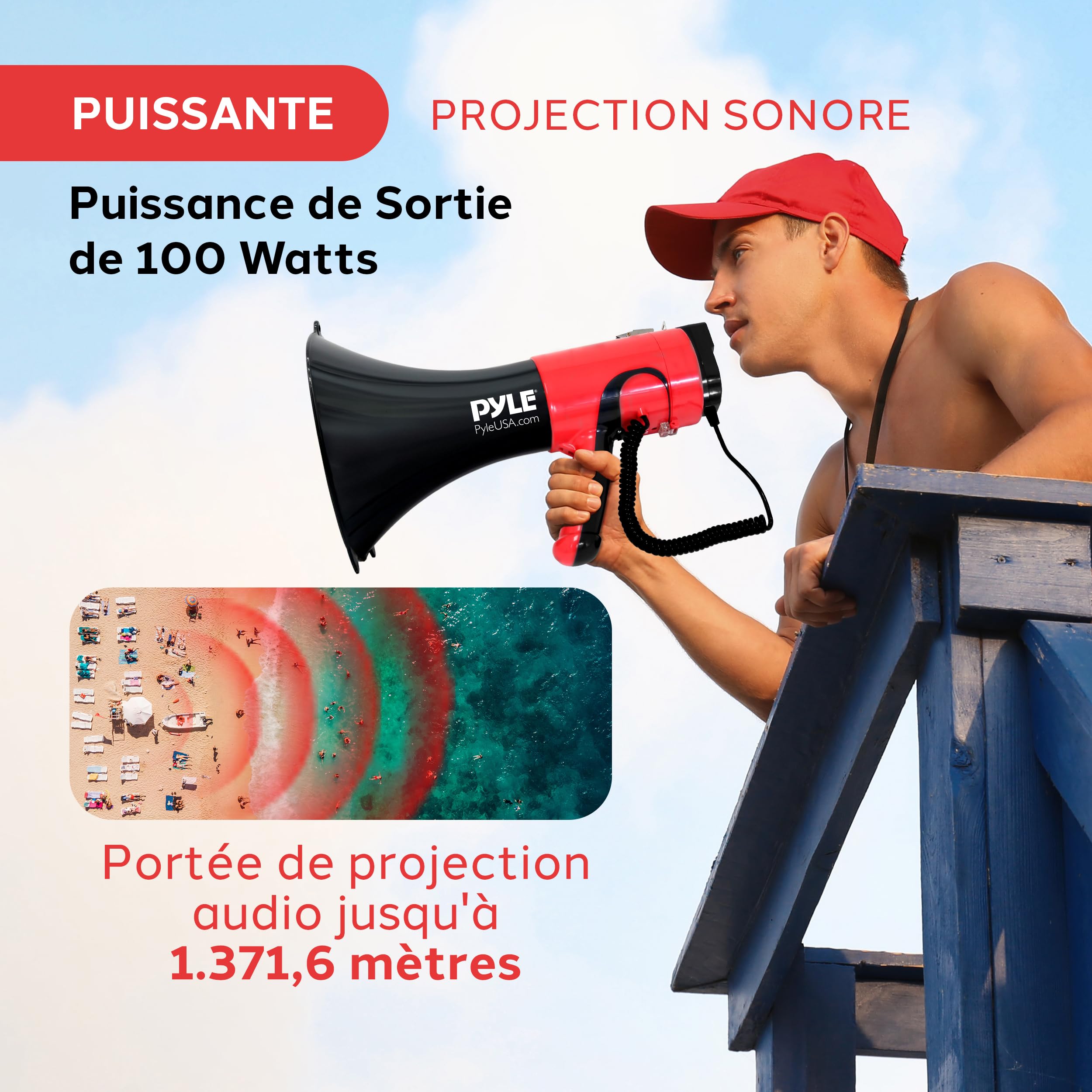 Pyle Mégaphone Bluetooth Portable 100W – Haut-Parleur PA avec Sirène, Portée 1500 m, Réglage Volume, Modulateur Vocal, pour Sport et Sécurité
