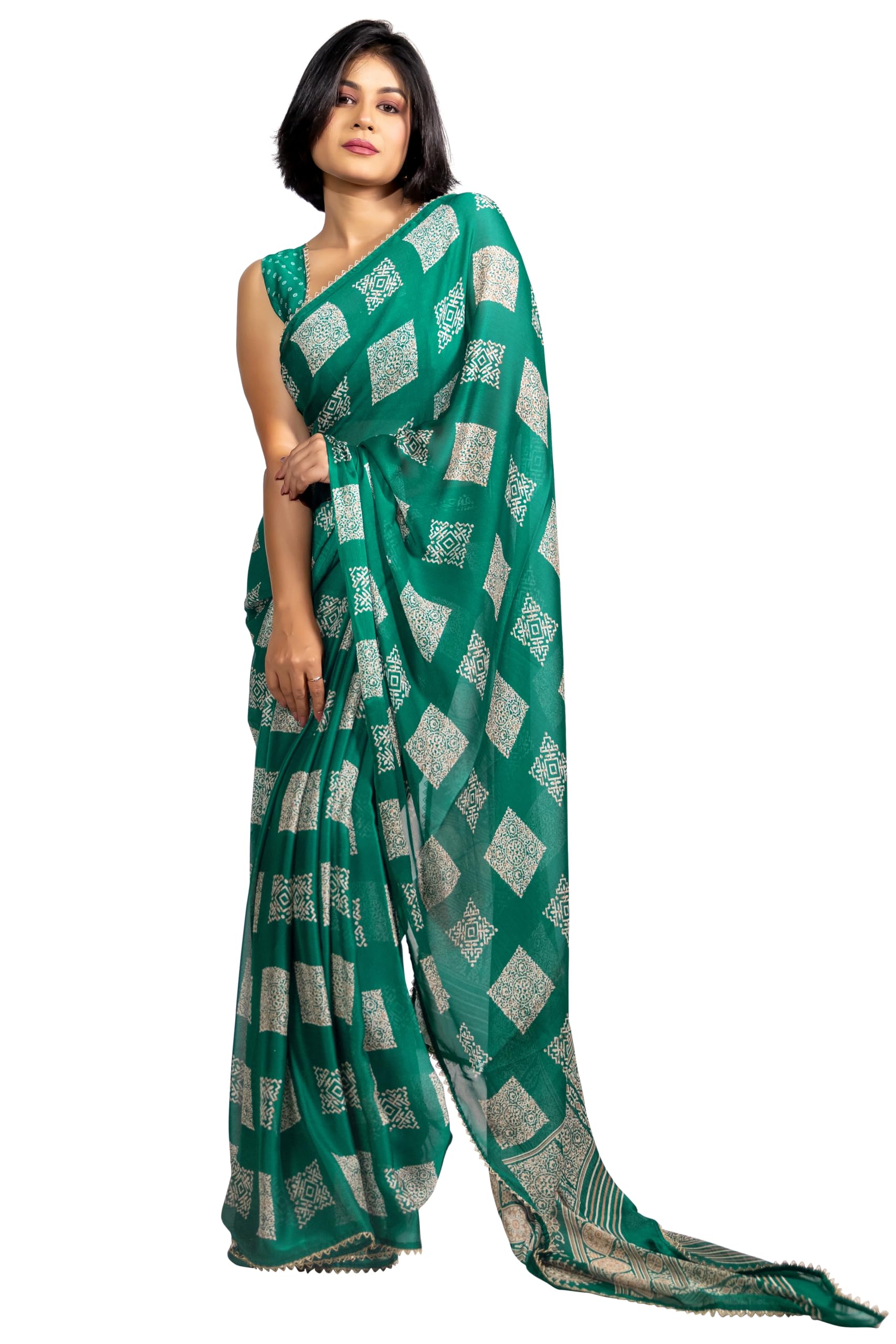 MIRCHI FASHION Ready to Wear 1 Min Drape Saree for Women || Chiffon Block Printed Design Sari with Blouse Piece (70081 - Bottle Green, Cream)-image-46