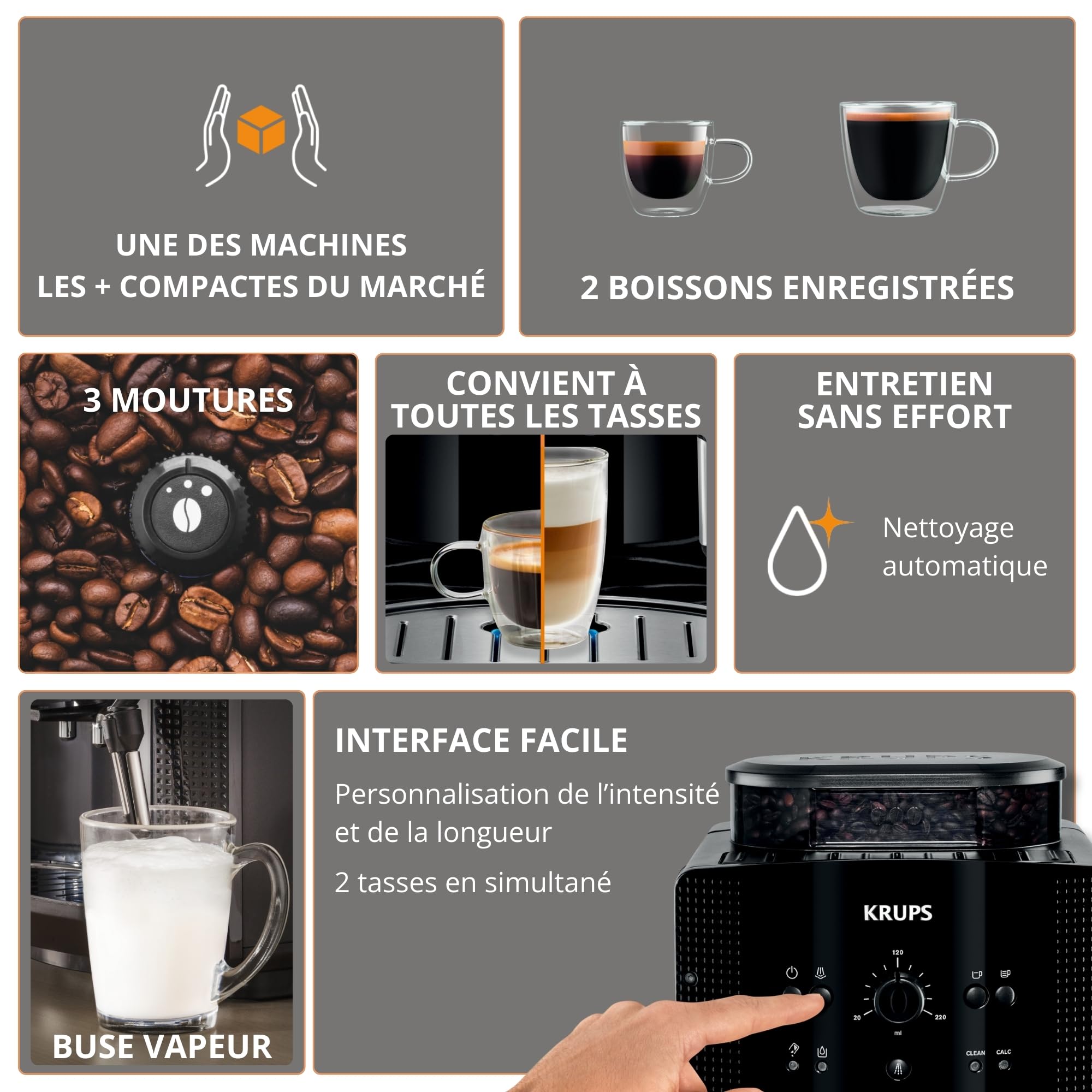 Krups Machine à café grain Essential noire YY8125FD, expresso 2 tasses, nettoyage automatique, buse vapeur cappuccino