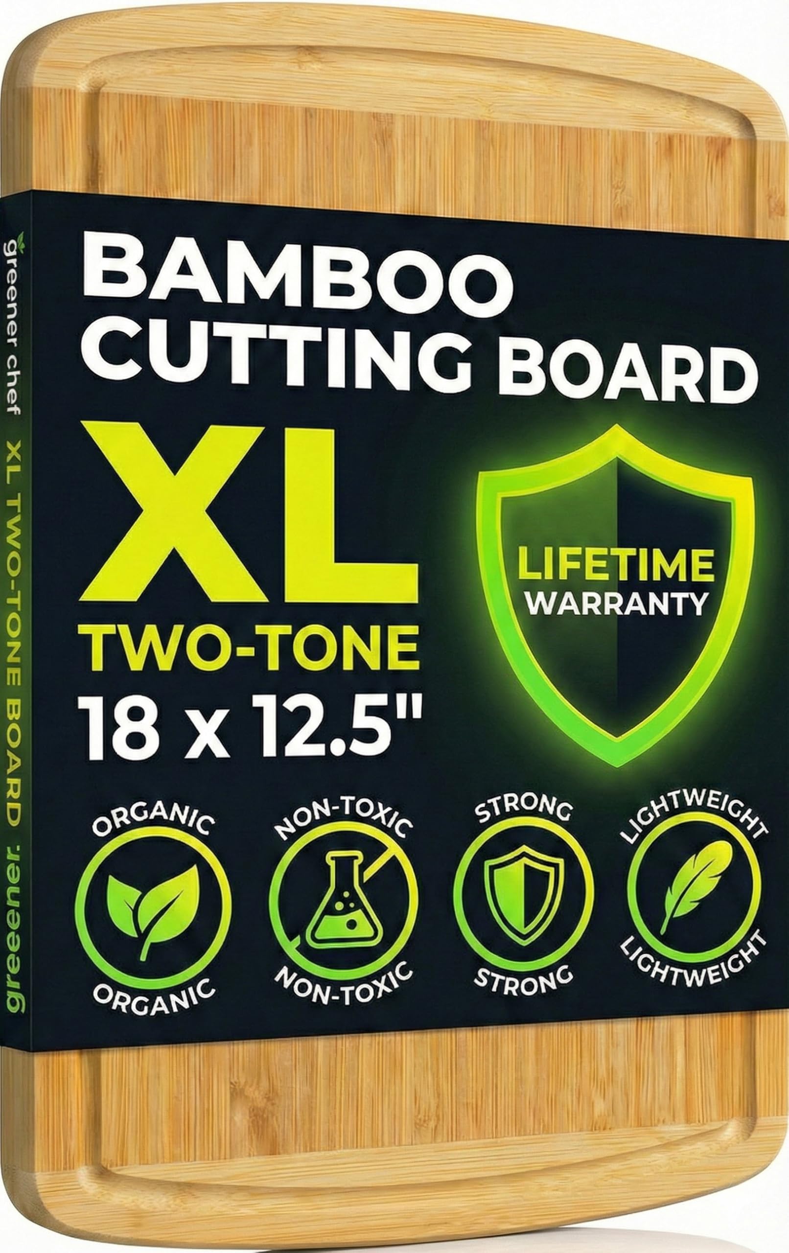 Organic Lightweight, Durable Extra Large Bamboo Cutting Board (18") - Non Toxic Wood Chopping Board with Juice Groove for Kitchen, Meat, Vegetables, and Food Prep by Greener Chef