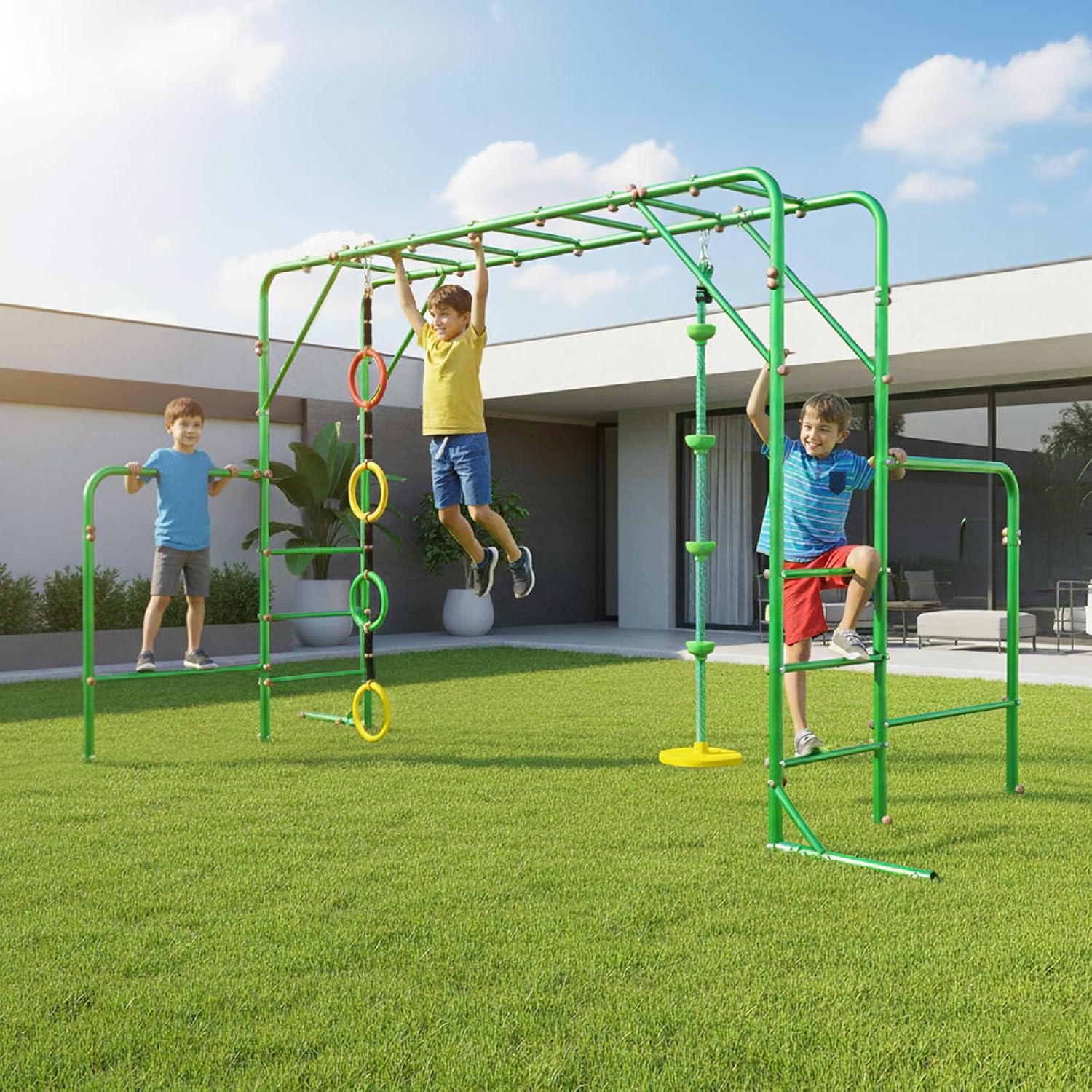 Outdoor Monkey Bars for Kids,Metal Swing Sets for Backyard with 4 Rings Climbing Rope,Monkey Bars Kit with Single Disk Outdoor Climbing Rope with Platforms,Jungle Gym for Playground, Green