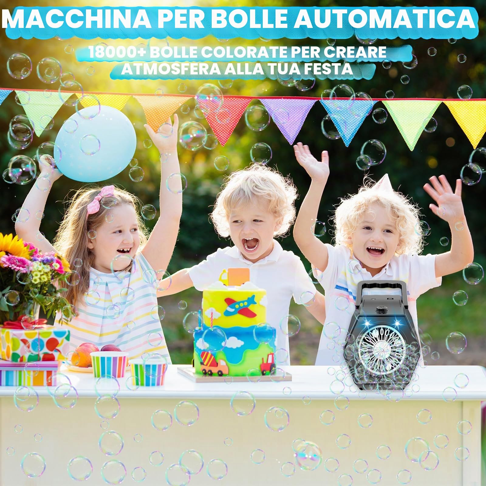 Macchina Bolle di Sapone, Spara Bolle di Sapone Automatico, 18000+ Bolle al Minuto, 2 Velocità, Giochi da Esterno per Bambini, Gadget Compleanno Bambin Matrimonio (Nero)