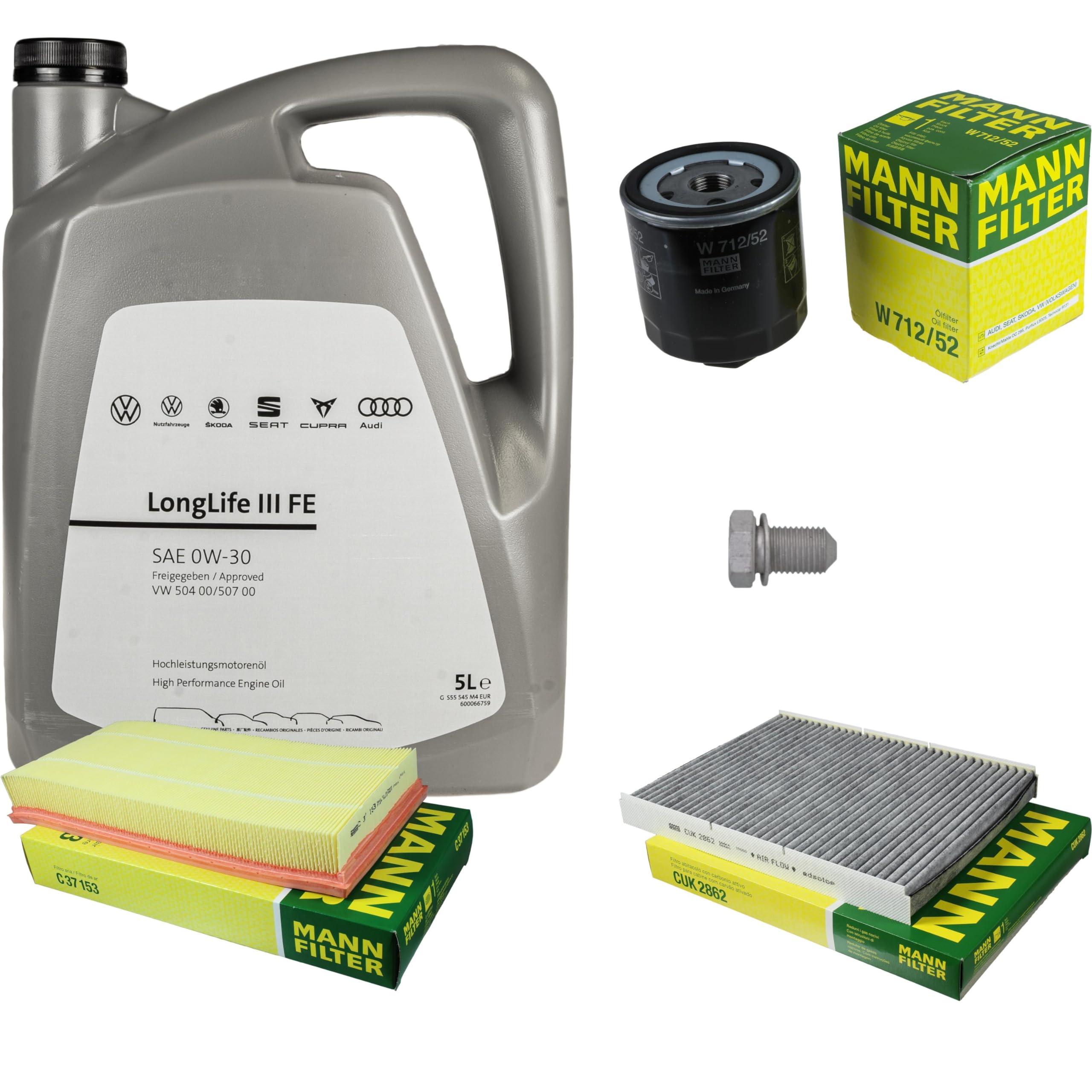 Pacchetto di ispezione pacchetto di manutenzione filtro con 5 l 0W-30 olio motore LongLife 3 FE, filtro dell'olio, filtro dell'aria abitacolo (carbone attivo) vite di scarico dell'olio