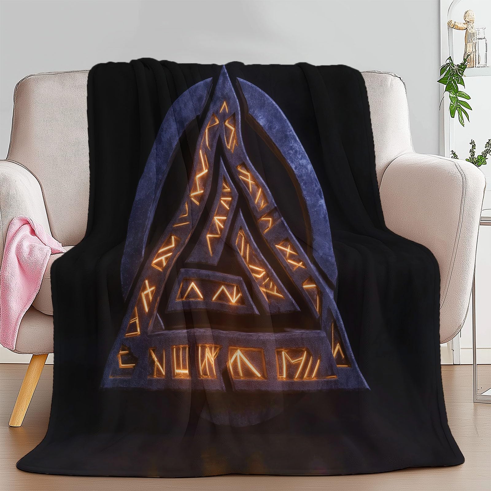 Ciepły flanelowy koc w stylu retro, runy wikingów, geometryczna, Sherpa, 221 x 239 cm, miękki, przytulny, czarny, pluszowy, flanelowy, polarowy, 220 x 240 cm, dla dziewcząt, dzieci, dorosłych, na
