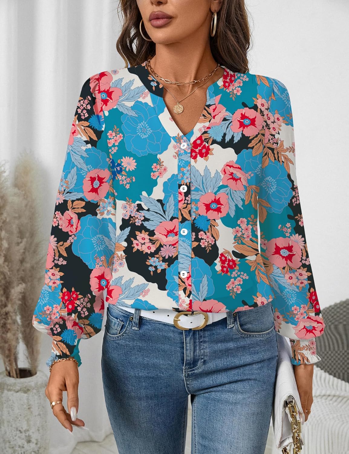LOMON Button Down Shirt Women Fall Lantern Long Sleeve Blouses Casual Shirts - Image 4