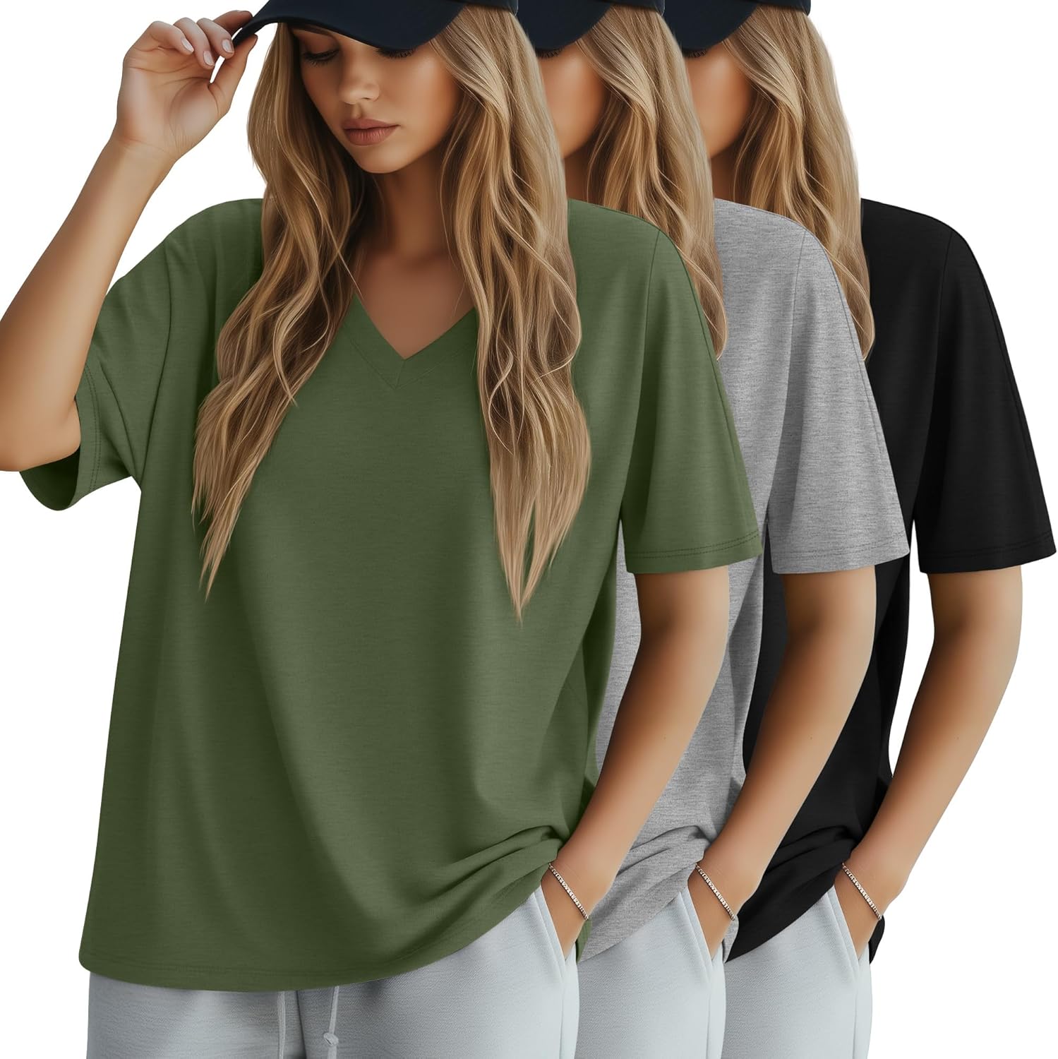 Huukeay Women's Oversized Cotton T-Shirts 3 Pack V Neck Loose Fit Casual Workout Tees Soft Short Sleeve Tops