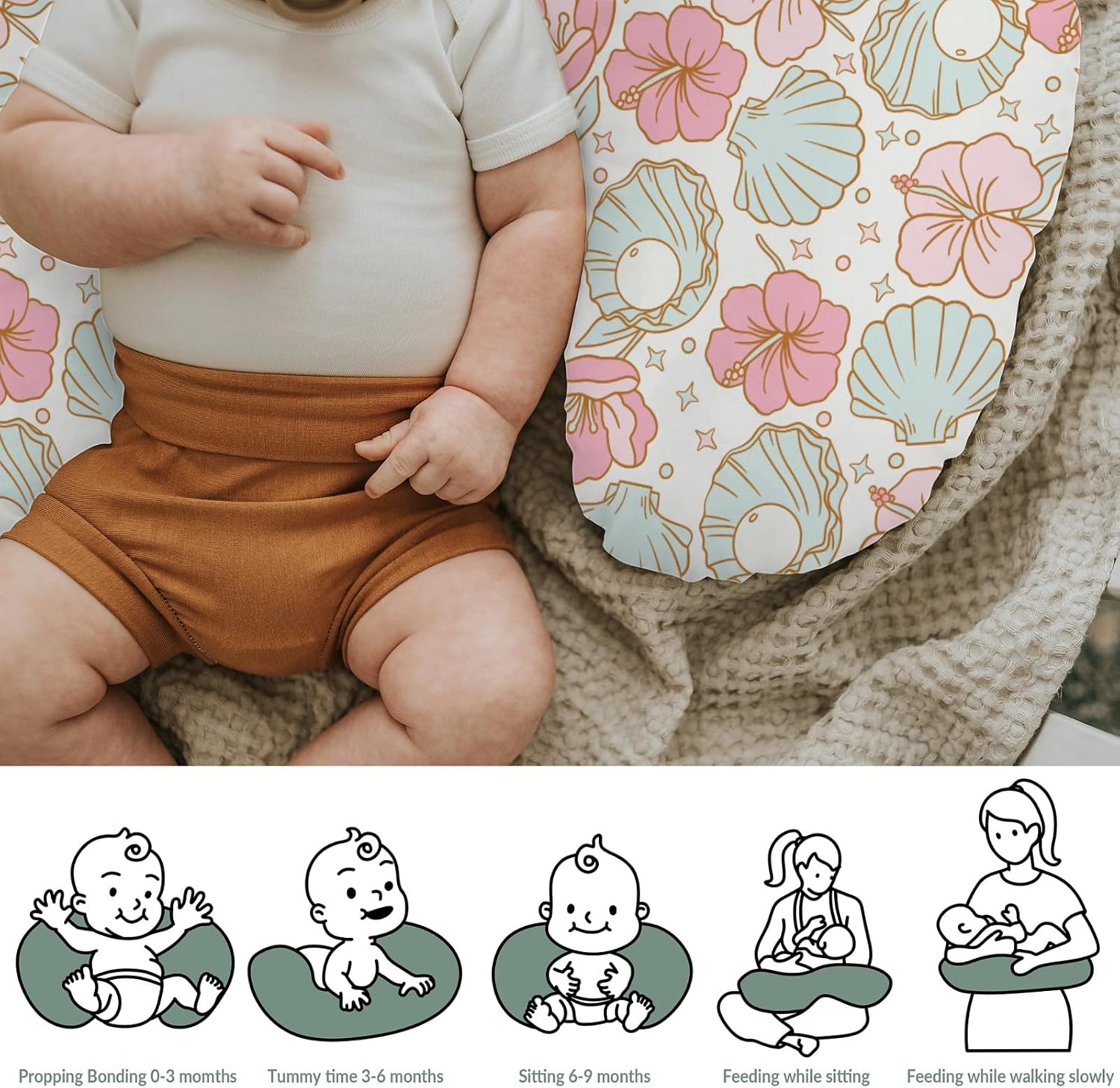 Boho Summer Mermaids Floral Nursing Pillow Covers for Boy Girl Beach Seashells Conch Tropical Flowers Nursery Slipcovers for Breastfeeding Pillows Ocean Marine Soft Stretchy Cover for Newborn Infant