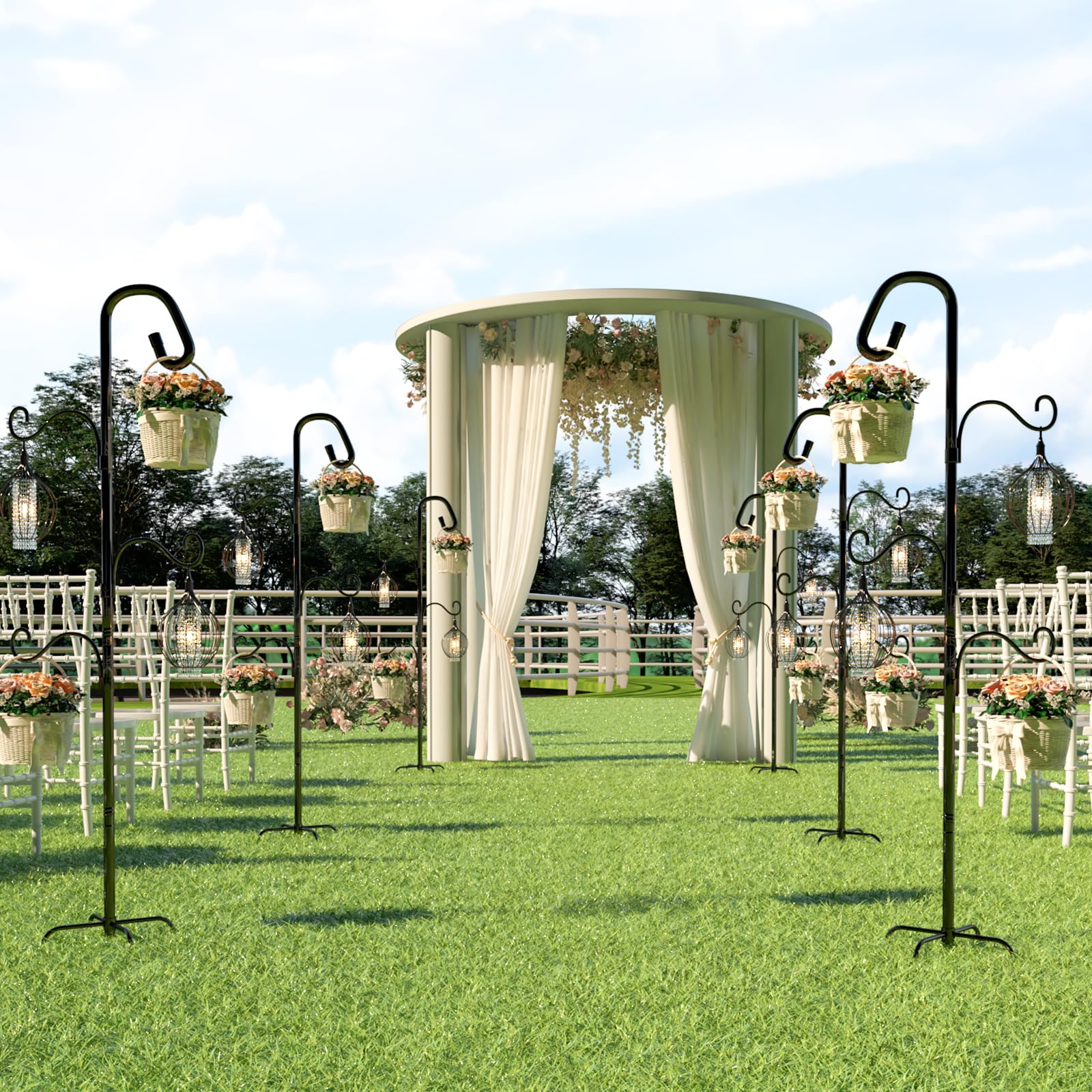 Bamworld Gancho de Pastor para Exterior 160cm Gancho de Pie Metálico con 3 Ganchos Ajustables y Base Estable de 4 Patas Para Macetas Colgantes, Plantas, Faroles, Patio, Jardín y Decoración