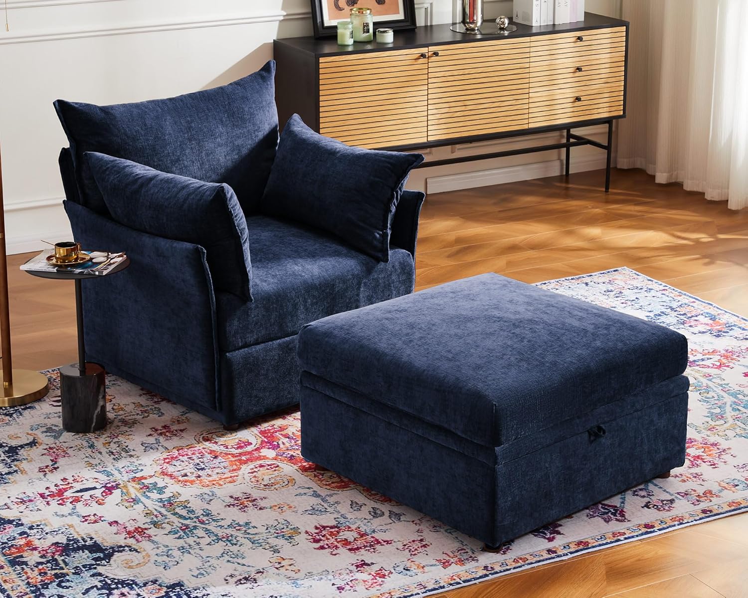 ABCASA Single Sofa Accent Chair with Stroage Ottoman Chaise Lounge Chair Indoor, Chenille Couch Sofa Chair with Washable Chenille Cover for Living Room, Bedroom and Apartment, Pet-Friendly,Blue