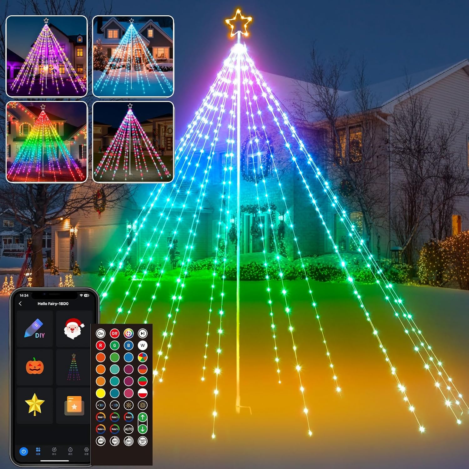 12Ft 478LEDs Outdoor Christmas Tree Waterfall Lights with Pole, Cascading Twinkle Light for Yard, Color Changing RGB, Smart App/Remote Control, Timer, Waterproof, Giant Outside Xmas Decor