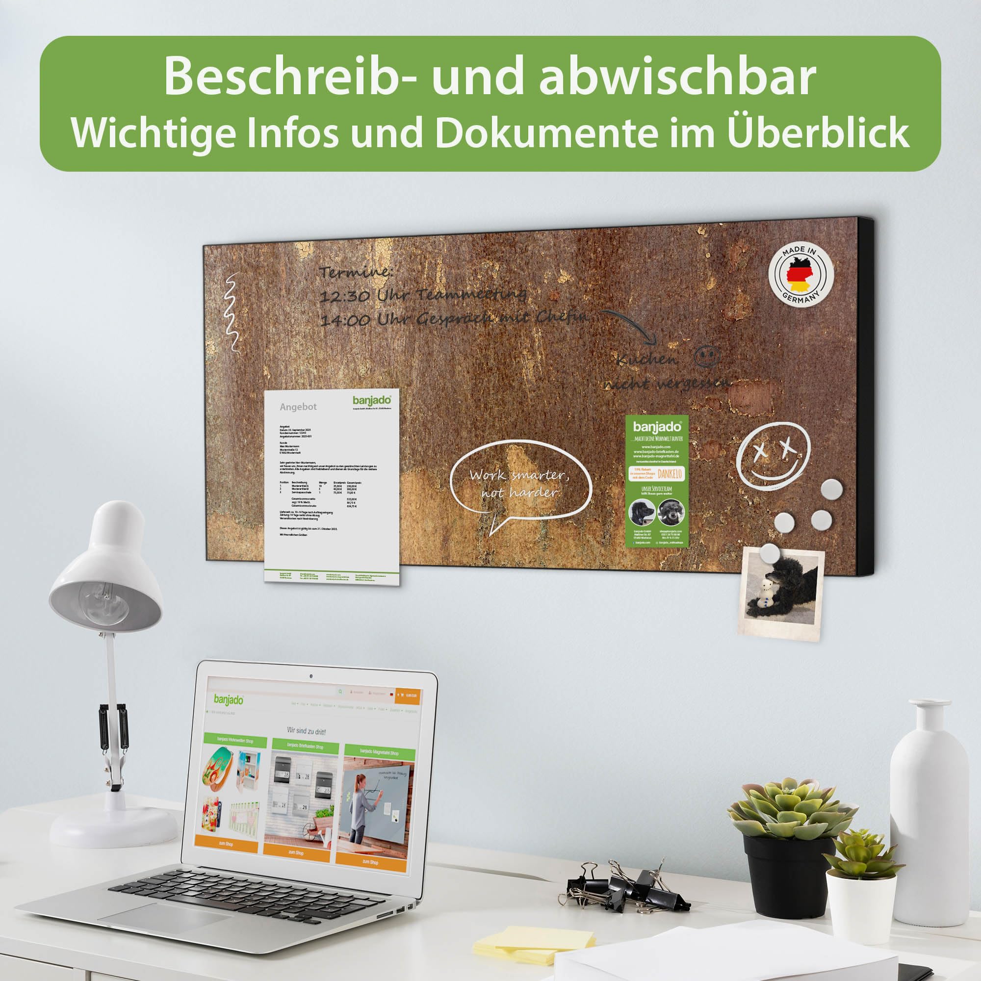 banjado Magnettafel Metall 78 x 37cm - beschreibbare Magnettafel - Metall Pinnwand als Memoboard - Magnetwand Küche, Büro, Kinderzimmer Schwarz inkl. 4 Magnete & Montageset - Motiv Rostige Patina
