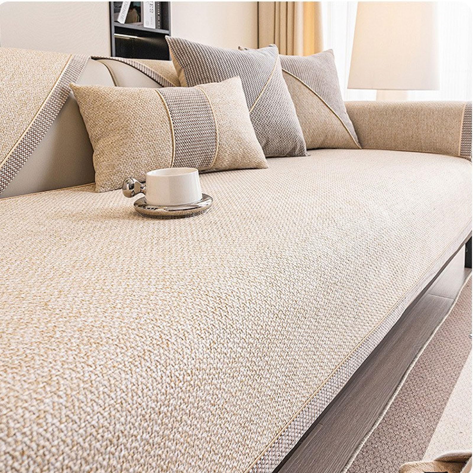 Baumwolle und Leinen rutschfest Sofaschoner Vintage Sofabezug Weiche 1/2/3/4 Sitzer Couch Überzug Sofaüberwürfe für U Form L Form Sektionssofa(Beige,70x210cm)