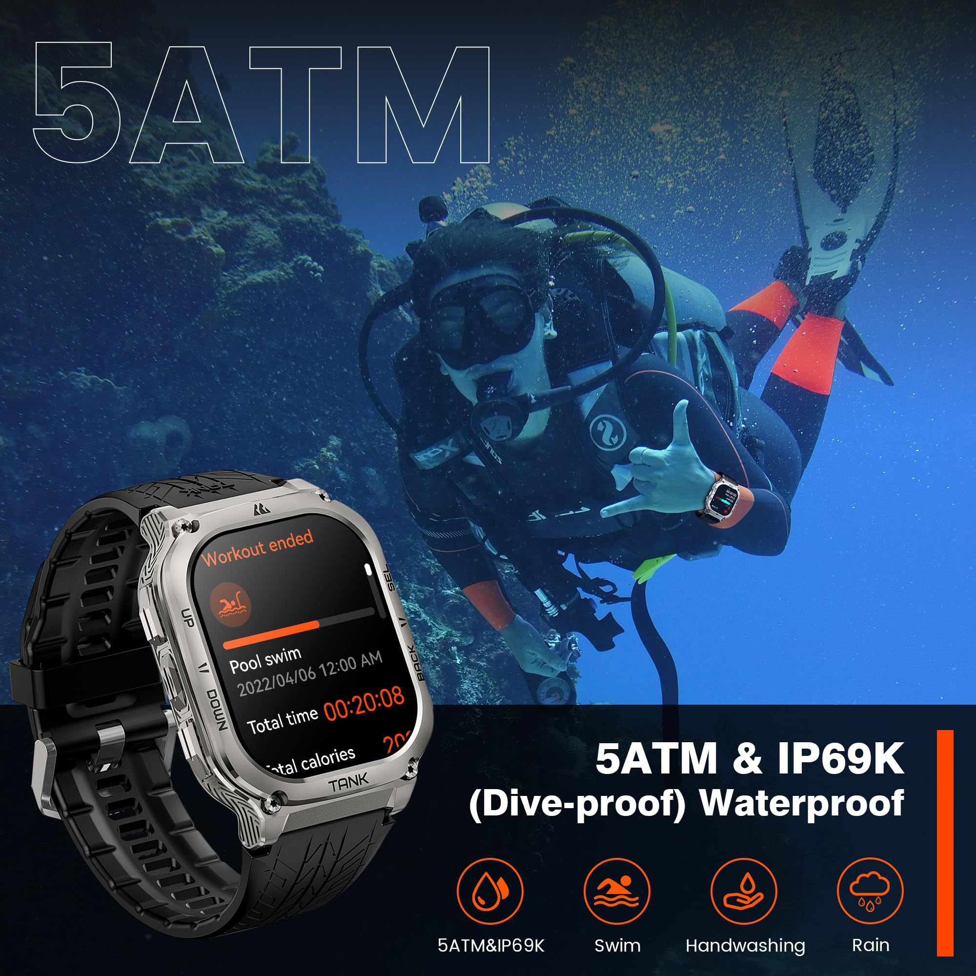 KOSPET TANK M3 Smartwatch Uomo, 1.96" AMOLED HD Display, Orologio Uomo Rispondere/Fare Chiamate, 170 Modalità Sportive, 5ATM Impermeabile, Corpo in Acciaio Inox Metallico per Android/iOS (Argento)