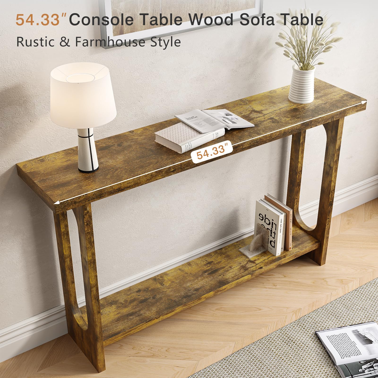 Mesa consola de 54 pulgadas, mesa de entrada estrecha de madera de granja con almacenamiento, mesas de sofá, mesa de pasillo para sala de estar, pasillo, entrada (rayas de tigre en relieve) 4
