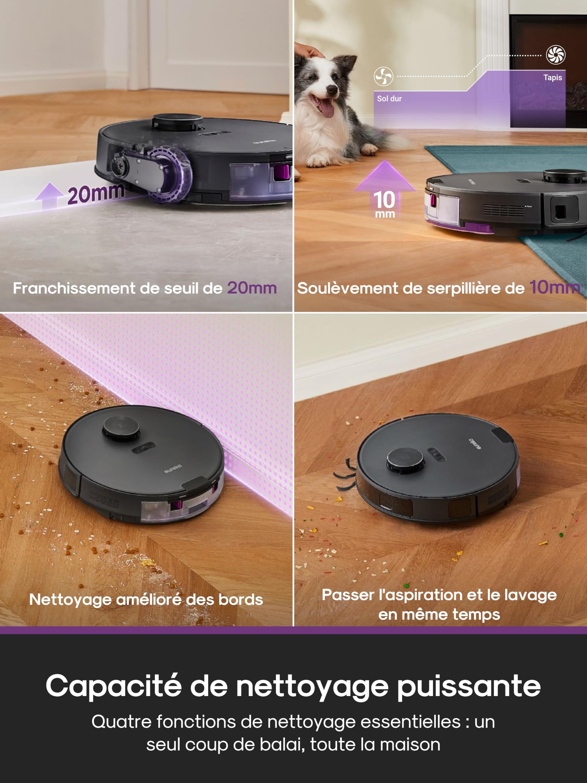 Eureka E20 Evo Plus Robot Aspirateur Laveur avec Station sans Sac Aspiration 10000 Pa Aspirateur Robot Autovidange, Anti Enchevêtrement pour Cheveux Poils d'animaux, Soulèvement de Serpillière 10mm