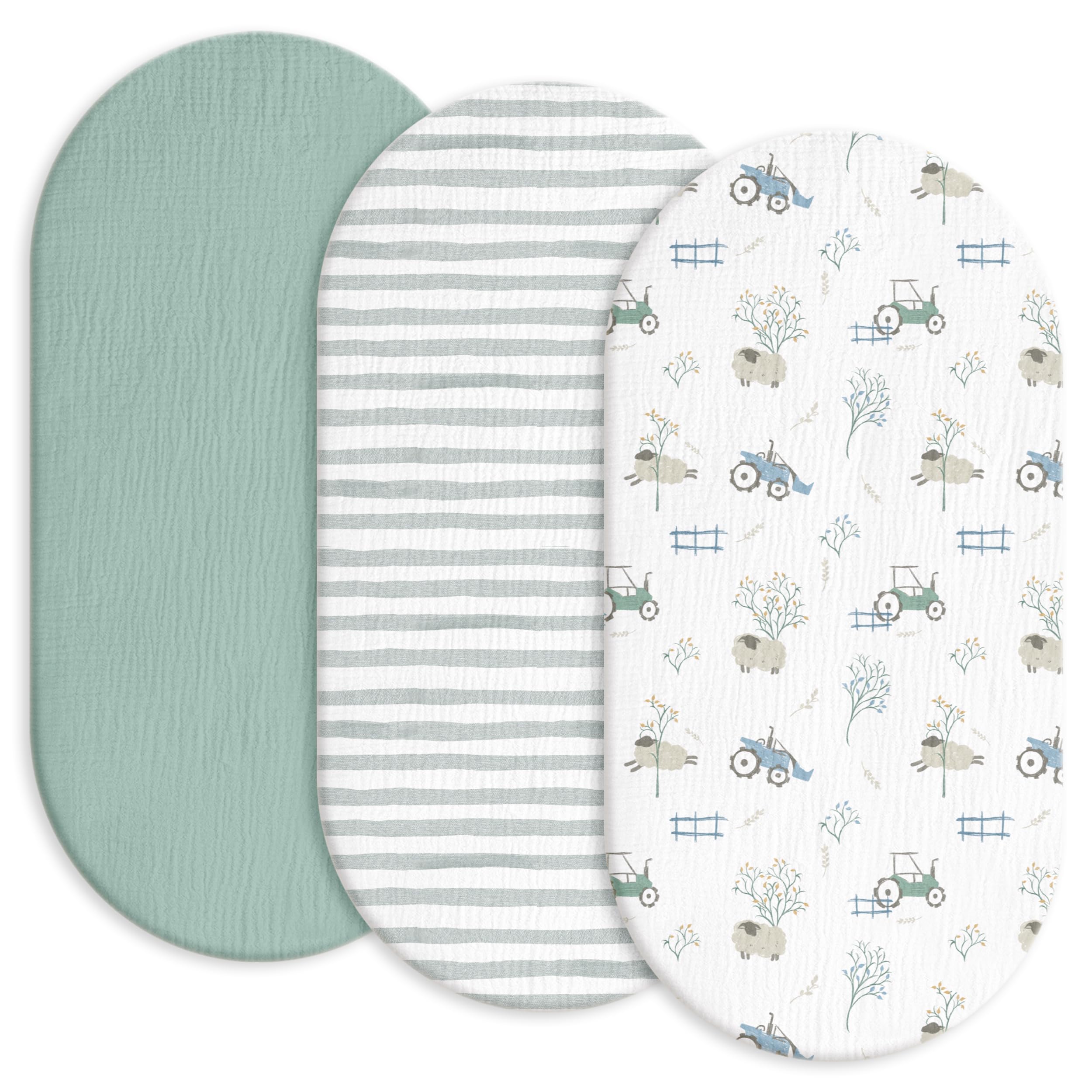 3er-Pack Bettlaken Spannbettlaken,Matratzenschoner für Laufgitter,100% Musselin-Baumwolle,Weiche und Premium-Qualität universelle Spannbettlaken für Kinderwagen. Geschenk zur Geburt(Farmleben)