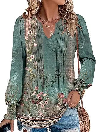 BETTE BOUTIK Long Sleeve Shirts for Women Fall Tops Dressy Blouses Pleated V Neck Tunic Tops for Leggings S-3XL