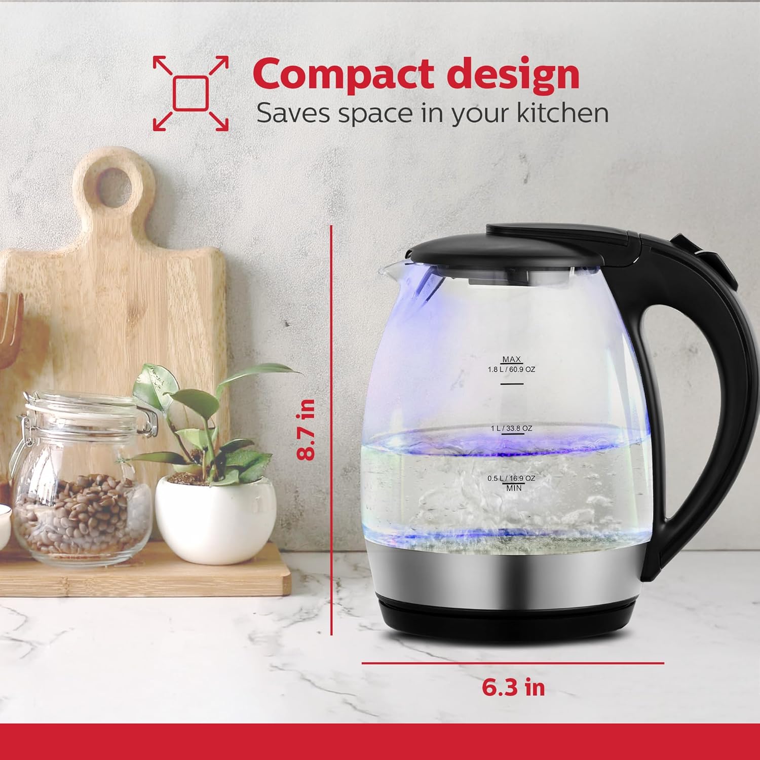 Holstein Housewares - Electric Kettle with Boil-Dry Protection & Auto Shut-Off, Quickly Boils Water for Tea, Coffee, and Instant Soup, 1.8L, Black