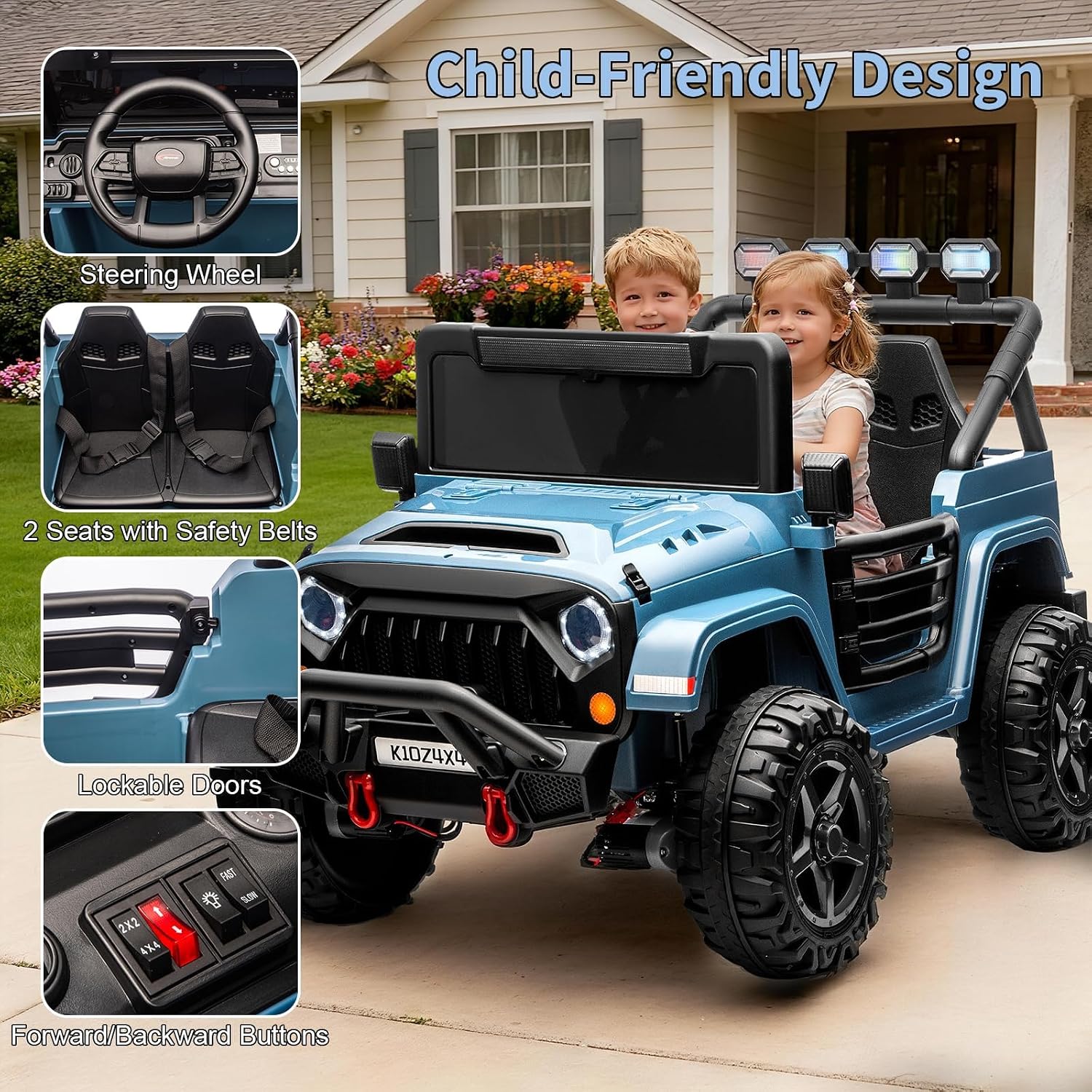 Kids 24V 2-Seater Electric Ride On Car, 4x4 Ride On Truck w/Remote Control, 4-Wheeler Suspension, 3 Speeds, Led Lights, Bluetooth, Ride on Car Toy for Kids Ages 3-8, Blue